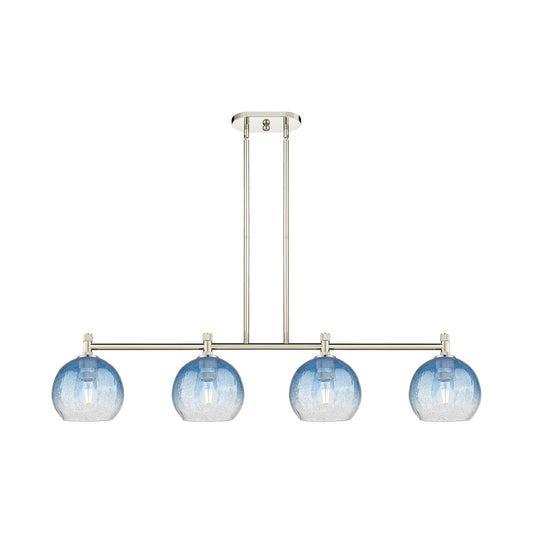 Innovations Brookhaven Globe 48in 4-Light Island Light | Industrial Polished Nickel and Sapphire Blue Glass | Kitchen | Model 434-4I-PN-G483-8SB