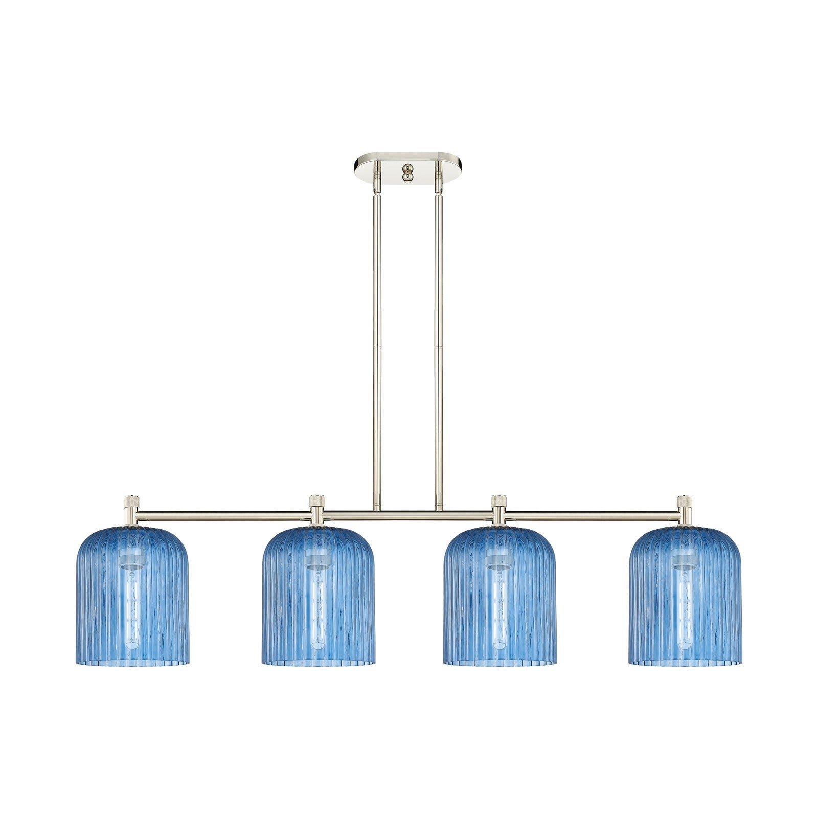 Innovations Crown Point 48in 4-Light Island Light | Industrial Polished Nickel and Princess Blue Glass | Kitchen Island | Model 434-4I-PN-G559-8BL