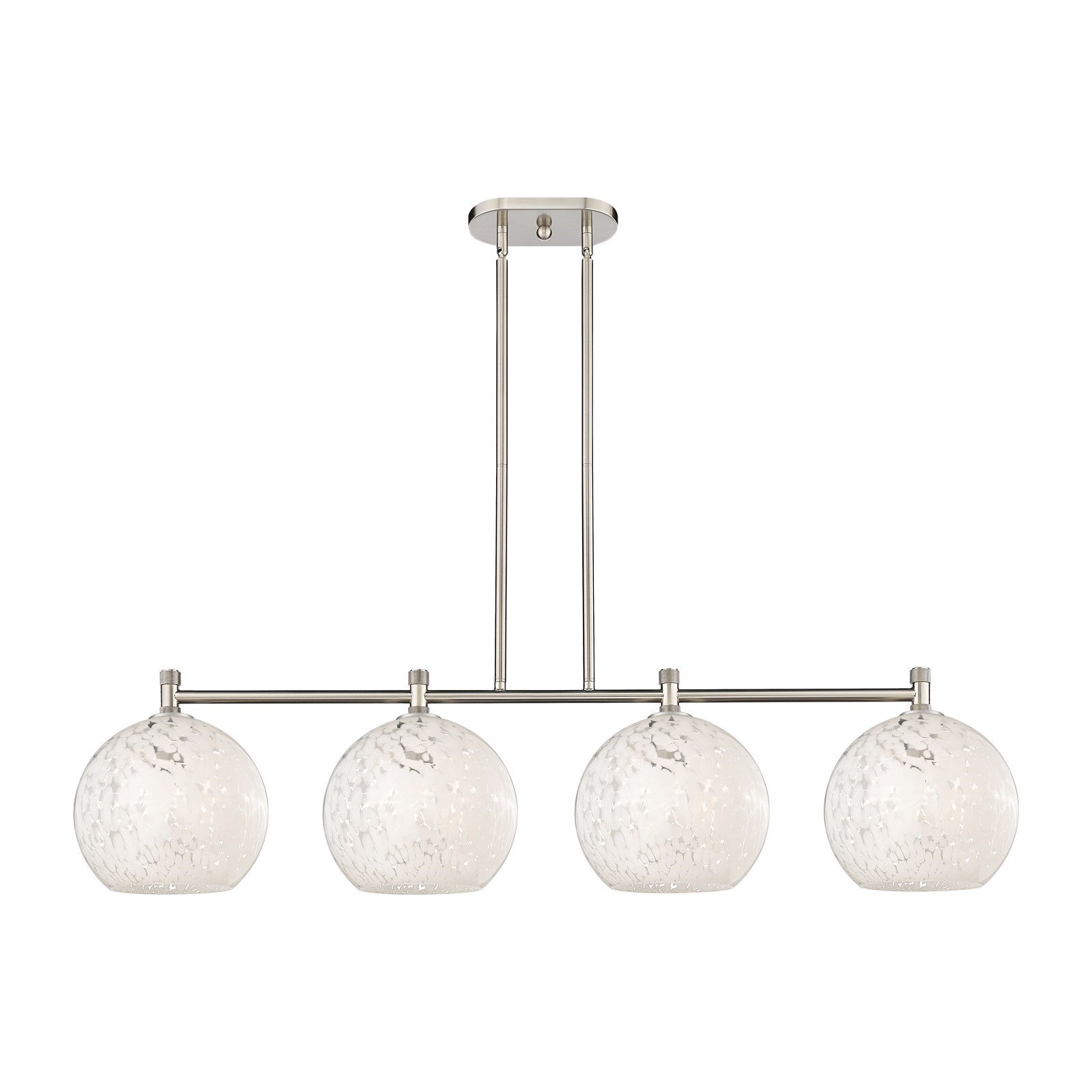 Innovations White Mouchette 50in 4-Light Island | Industrial Satin Nickel and White Mouchette Glass | Kitchen Island | Model 434-4I-SN-G1216-10WM