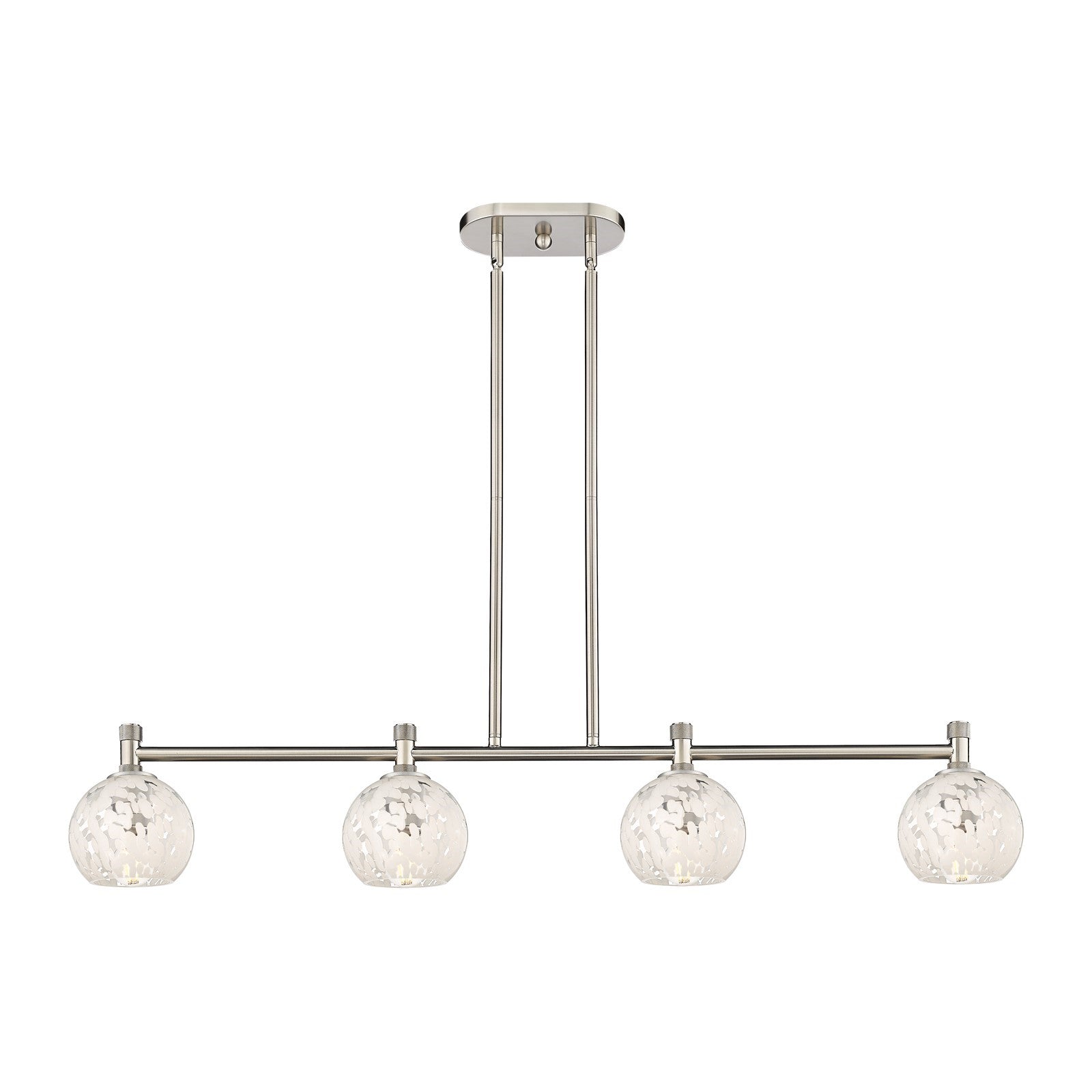 Innovations White Mouchette 46in 4-Light Island | Industrial Satin Nickel and White Mouchette Glass | Kitchen Island | Model 434-4I-SN-G1216-6WM