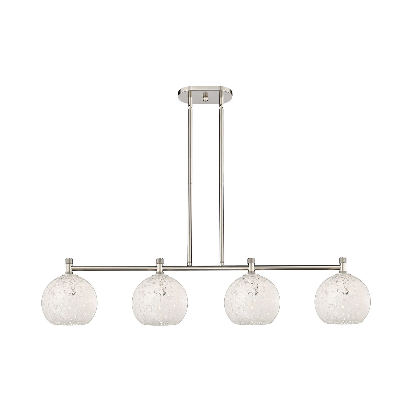 Innovations White Mouchette 48in 4-Light Island | Industrial Satin Nickel and White Mouchette Glass | Kitchen Island | Model 434-4I-SN-G1216-8WM
