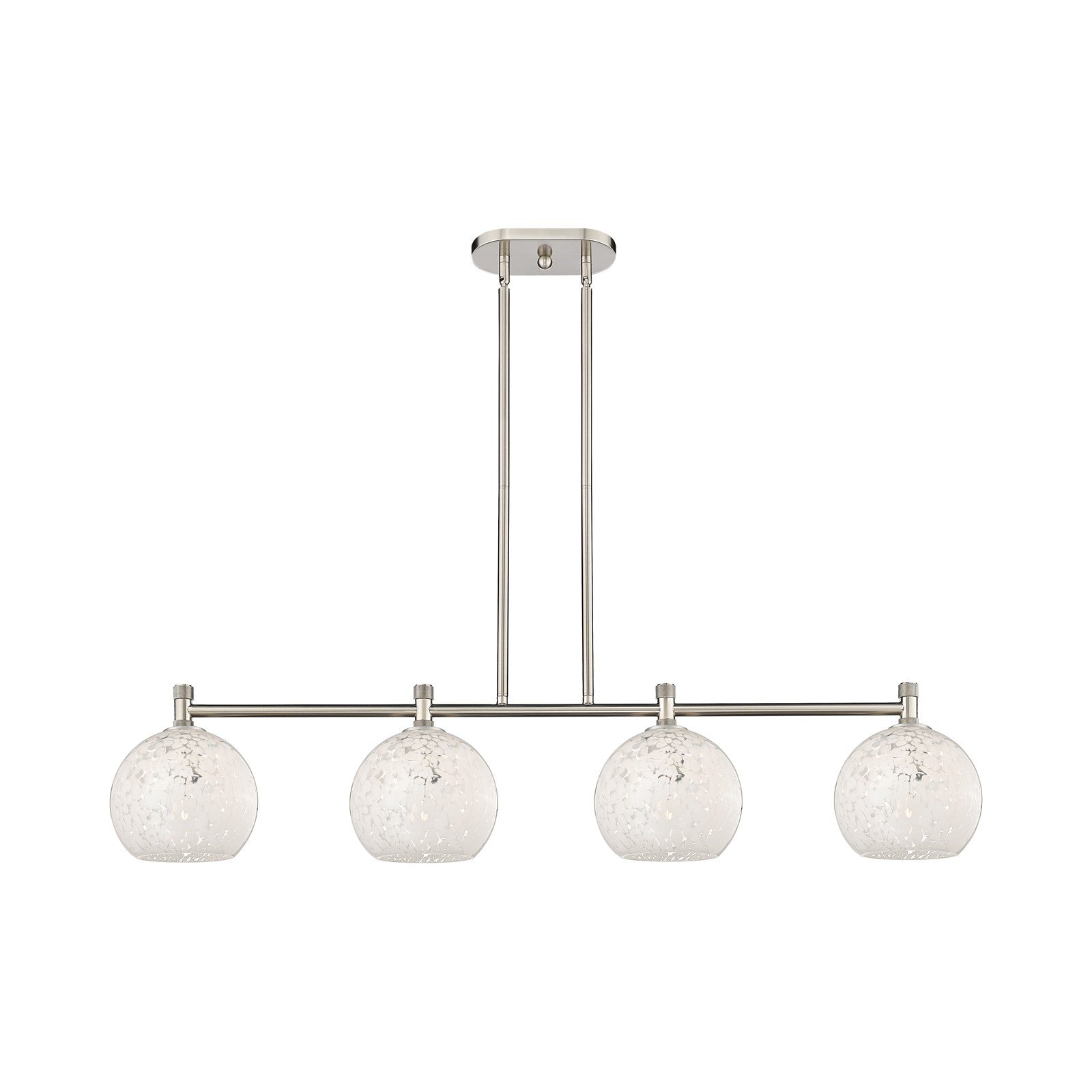 Innovations White Mouchette 48in 4-Light Island | Industrial Satin Nickel and White Mouchette Glass | Kitchen Island | Model 434-4I-SN-G1216-8WM