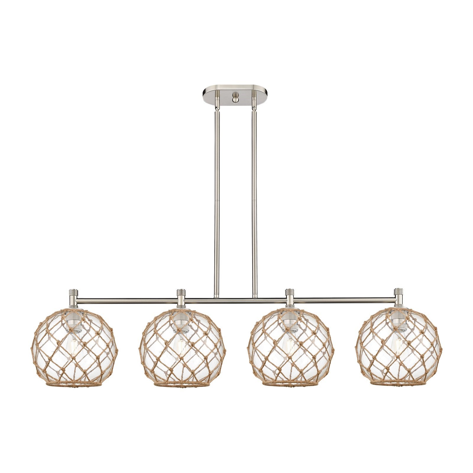 Innovations Farmhouse Rope 50in 4-Light Island | Industrial Satin Nickel and Clear Glass Brown Rope | Kitchen Island | Model 434-4I-SN-G122-10RB