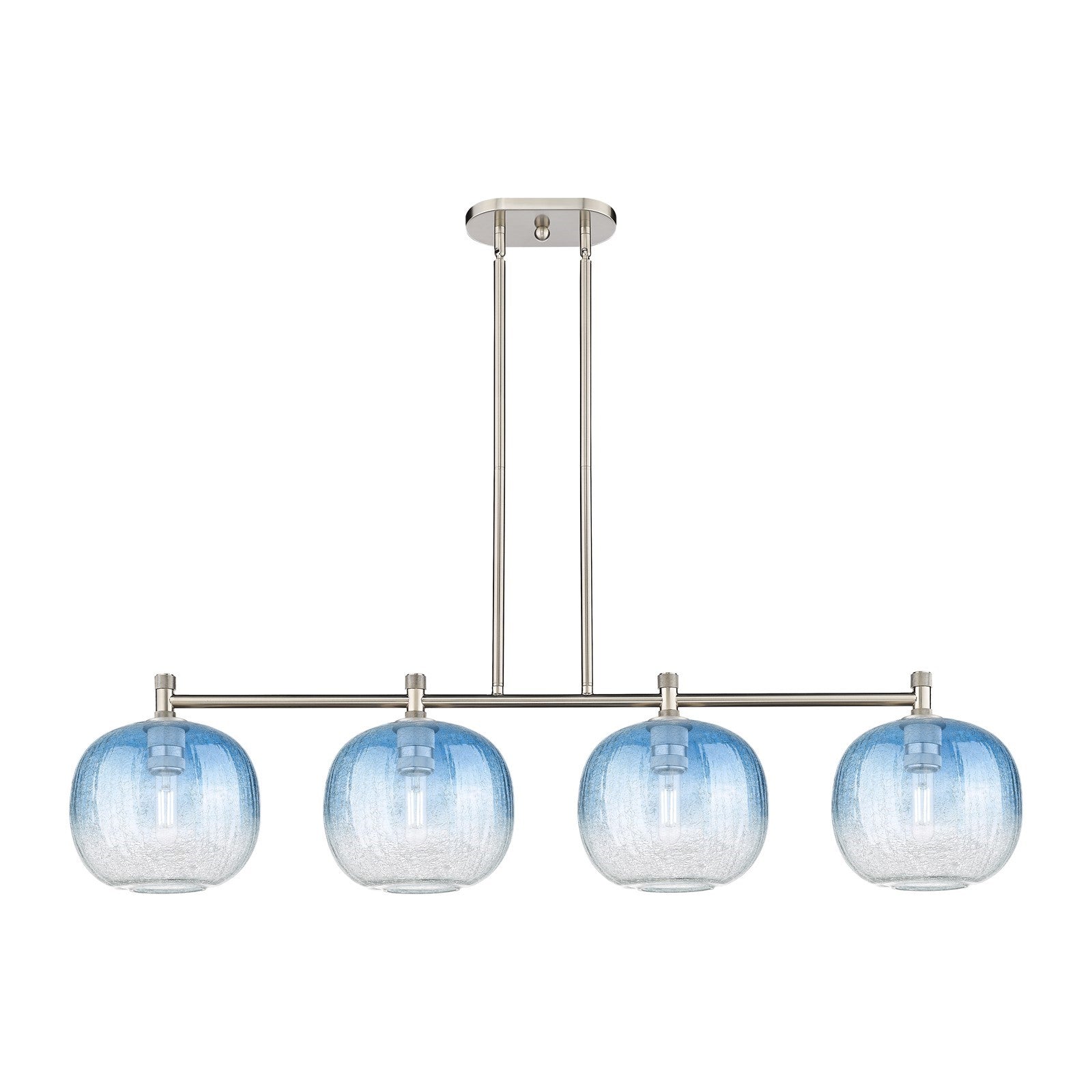 Innovations Brookhaven Sphere 50in 4-Light Island Light | Industrial Satin Nickel and Sapphire Blue Glass | Kitchen | Model 434-4I-SN-G481-10SB