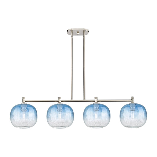 Innovations Brookhaven Sphere 50in 4-Light Island Light | Industrial Satin Nickel and Sapphire Blue Glass | Kitchen | Model 434-4I-SN-G481-10SB