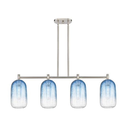Innovations Brookhaven Cloche 47in 4-Light Island Light | Industrial Satin Nickel and Sapphire Blue Glass | Kitchen Island | Model 434-4I-SN-G482-7SB