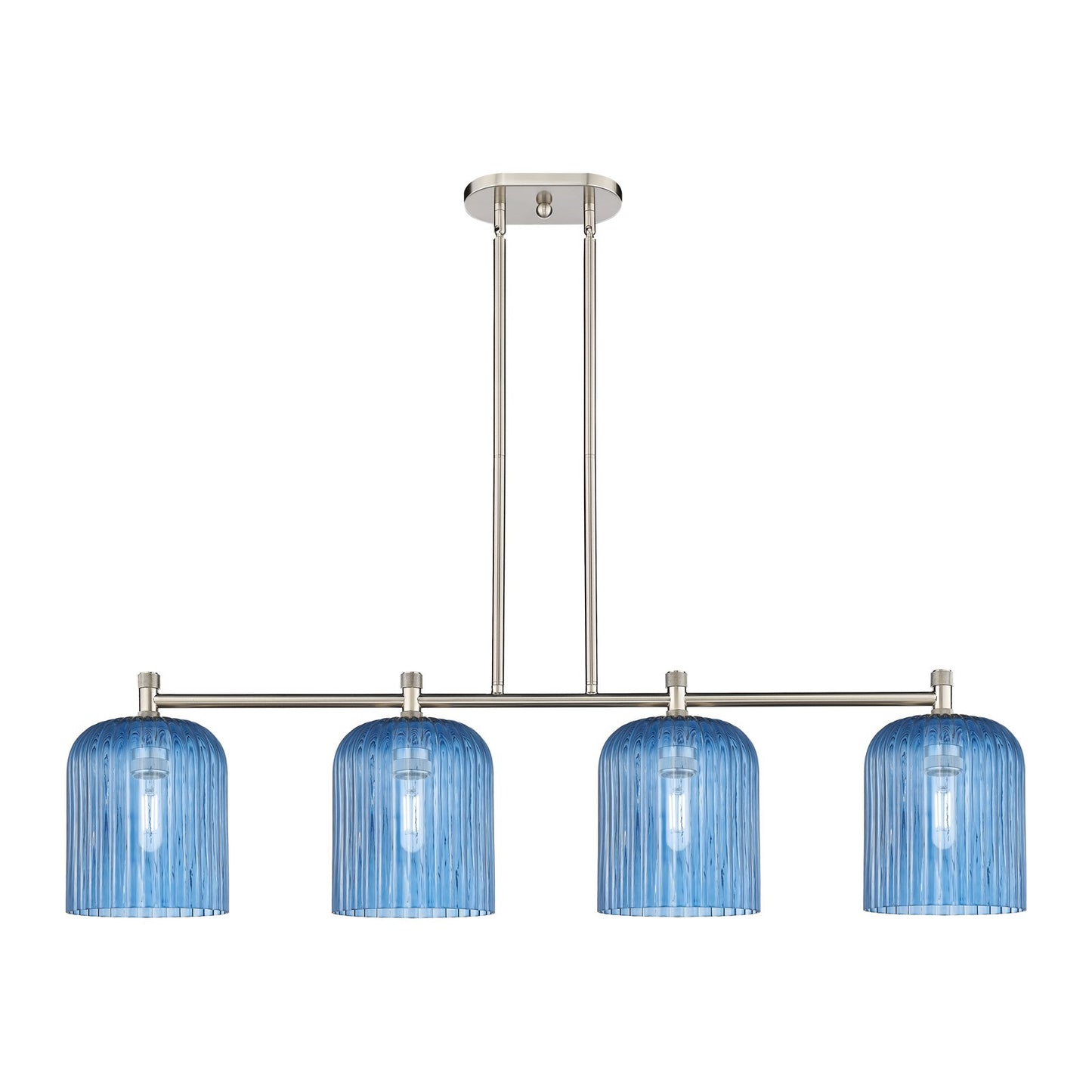 Innovations Crown Point 48in 4-Light Island Light | Industrial Satin Nickel and Princess Blue Glass | Kitchen Island | Model 434-4I-SN-G559-8BL