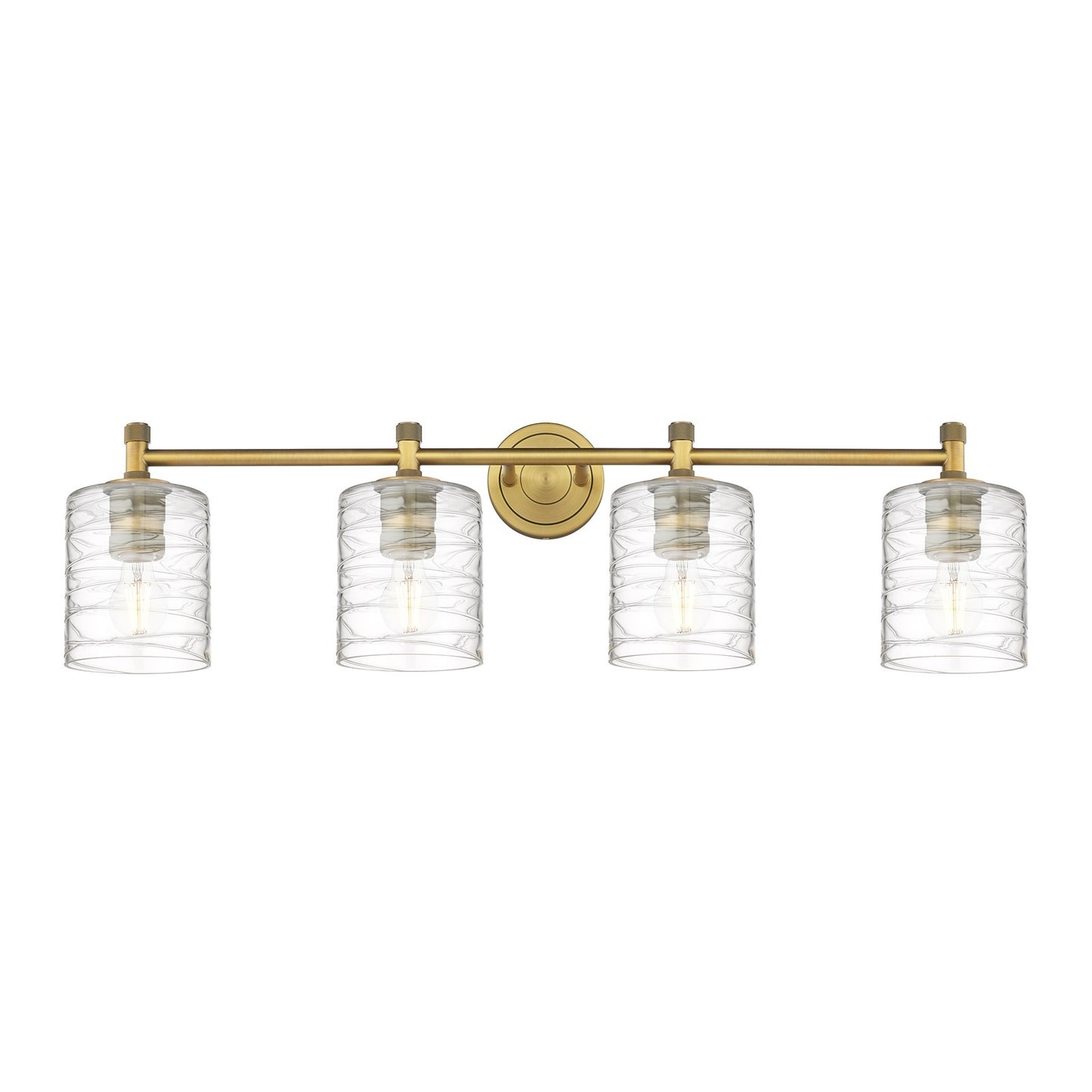 Innovations Cobbleskill 35in 4-Light Bath Vanity Light | Industrial Brushed Brass and Deco Swirl Glass | Bathroom & Powder | Model 434-4W-BB-G1113