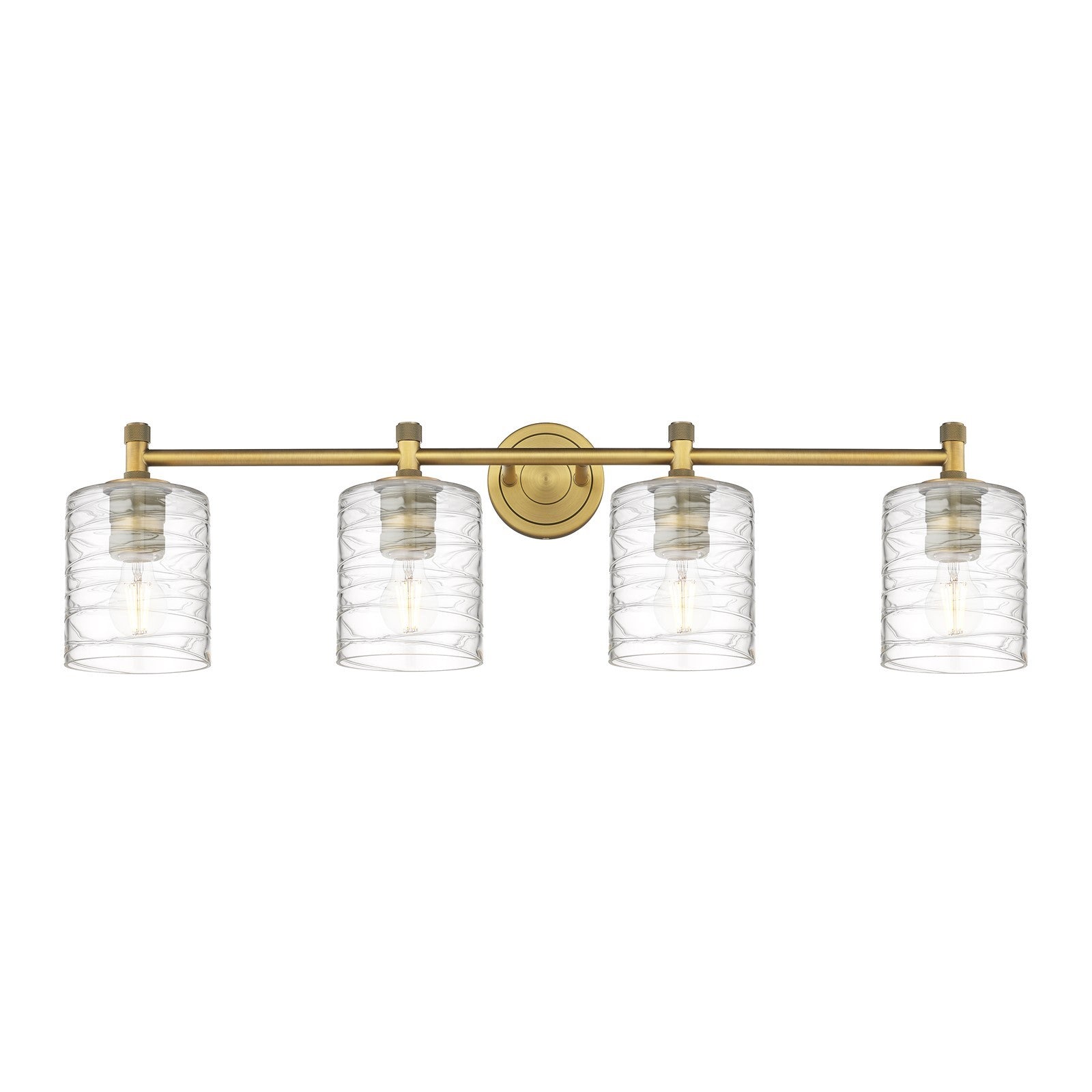 Innovations Cobbleskill 35in 4-Light Bath Vanity Light | Industrial Brushed Brass and Deco Swirl Glass | Bathroom & Powder | Model 434-4W-BB-G1113