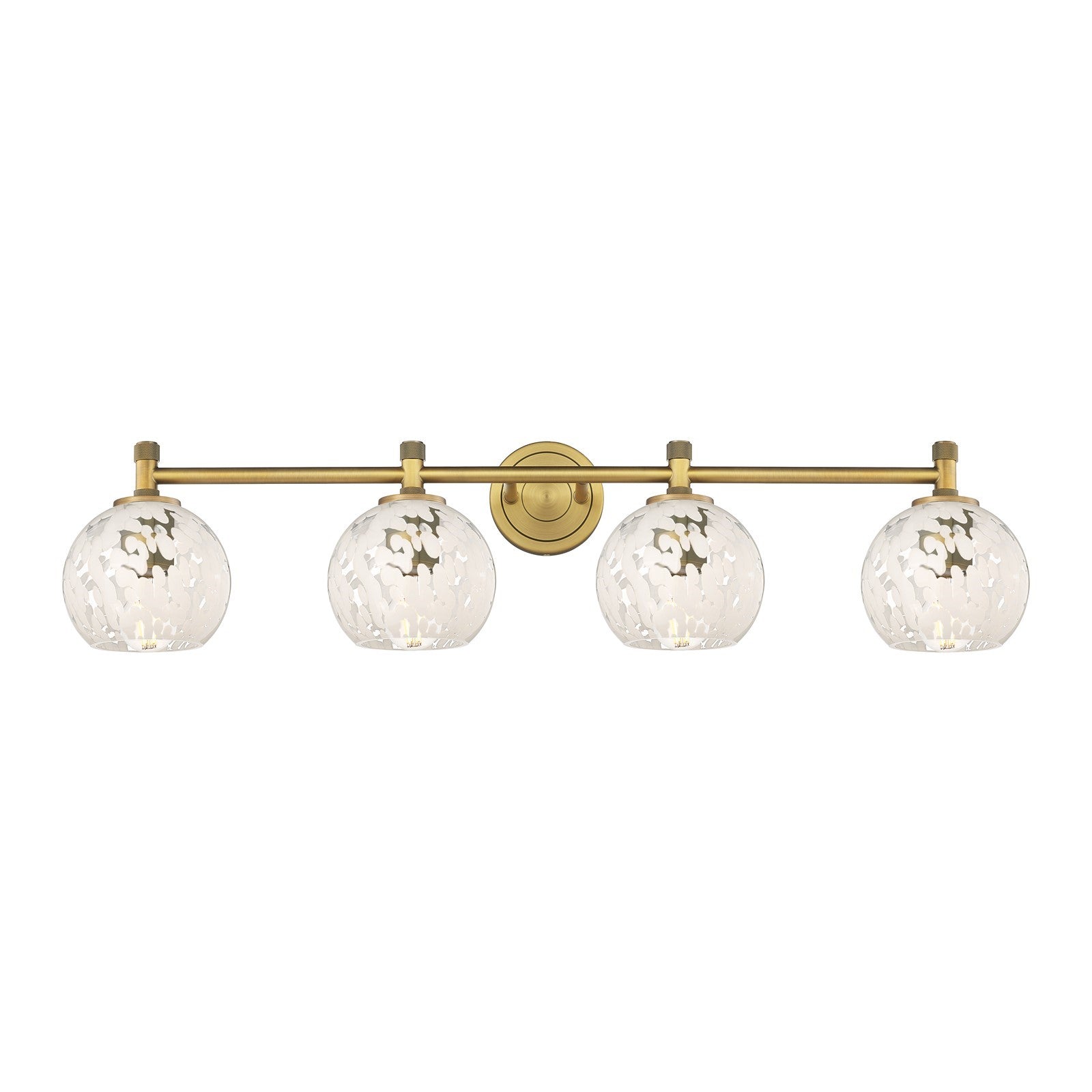Innovations White Mouchette 36.5in 4-Light Bath Vanity Light | Industrial Brushed Brass and White Glass | Bathroom | Model 434-4W-BB-G1216-6WM