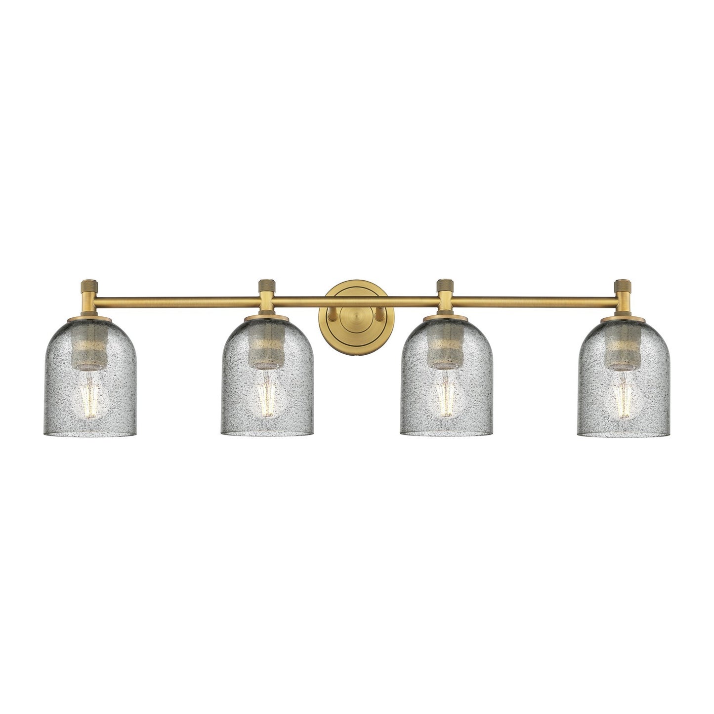 Innovations Caledonia 35.5in 4-Light Bath Vanity Light | Industrial Brushed Brass and Charcoal Glass | Bathroom Vanity | Model 434-4W-BB-G257