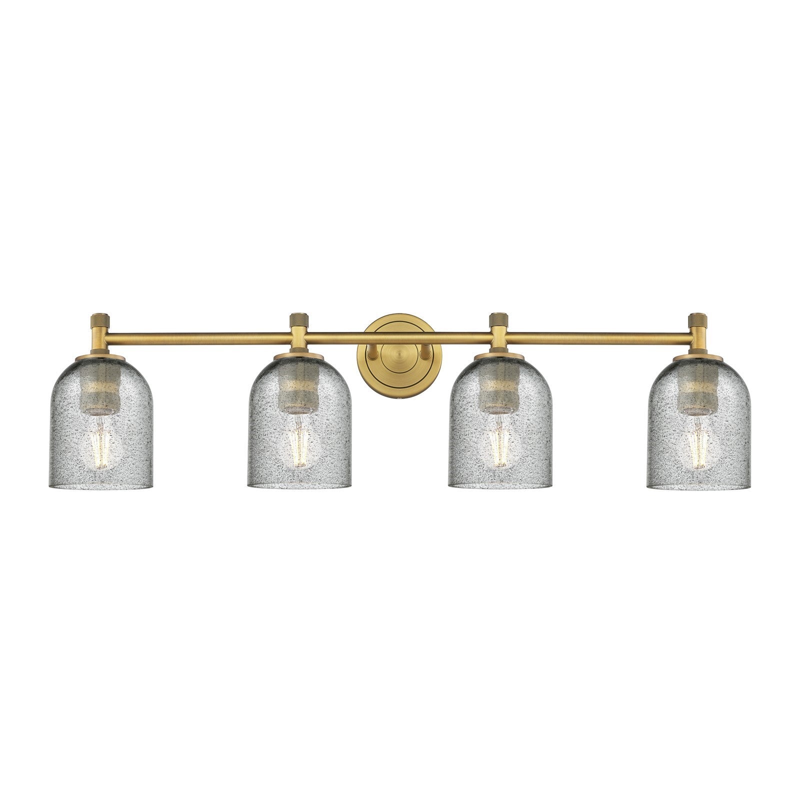 Innovations Caledonia 35.5in 4-Light Bath Vanity Light | Industrial Brushed Brass and Charcoal Glass | Bathroom Vanity | Model 434-4W-BB-G257