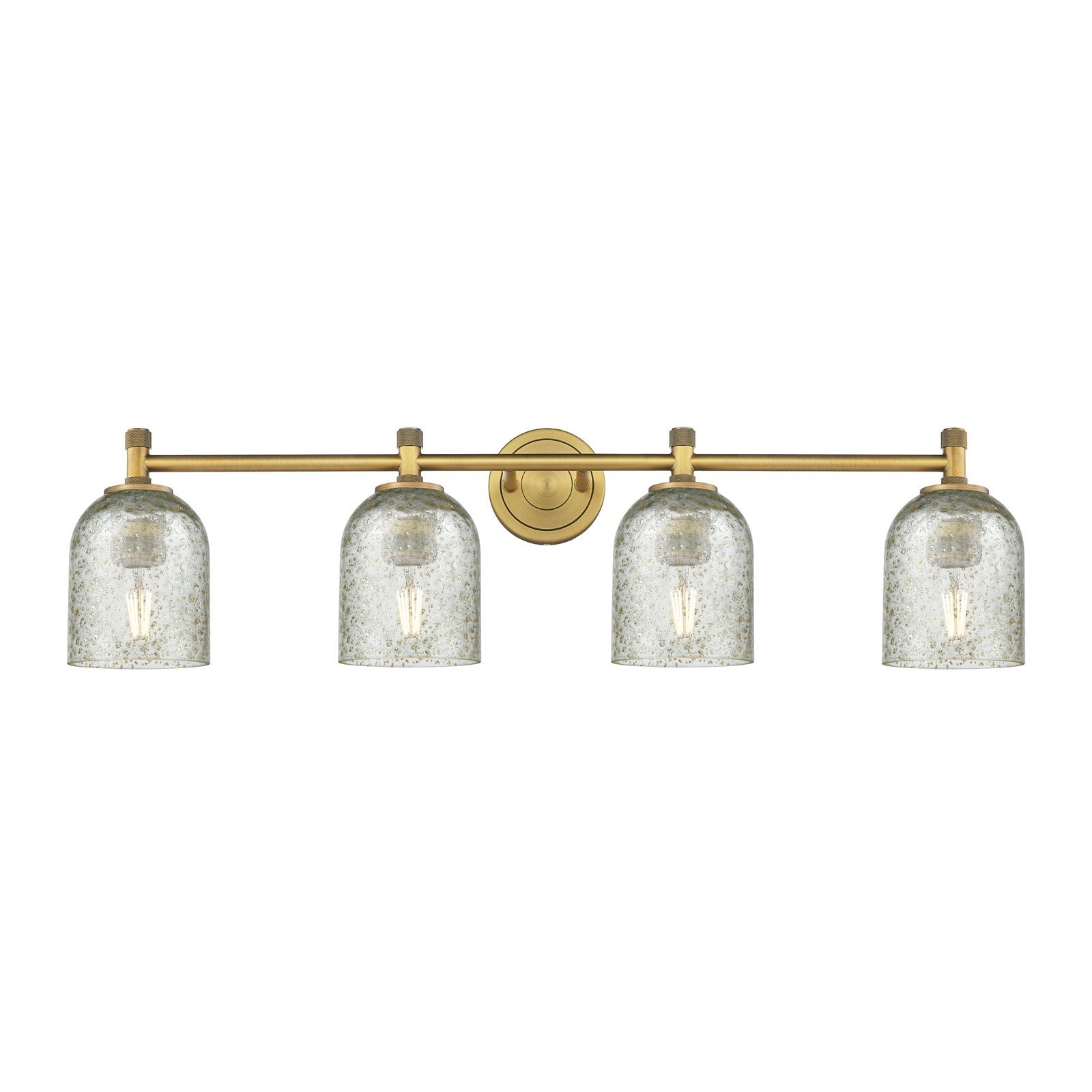 Innovations Caledonia 35.5in 4-Light Bath Vanity Light | Industrial Brushed Brass and Mica Glass | Bathroom Vanity | Model 434-4W-BB-G259