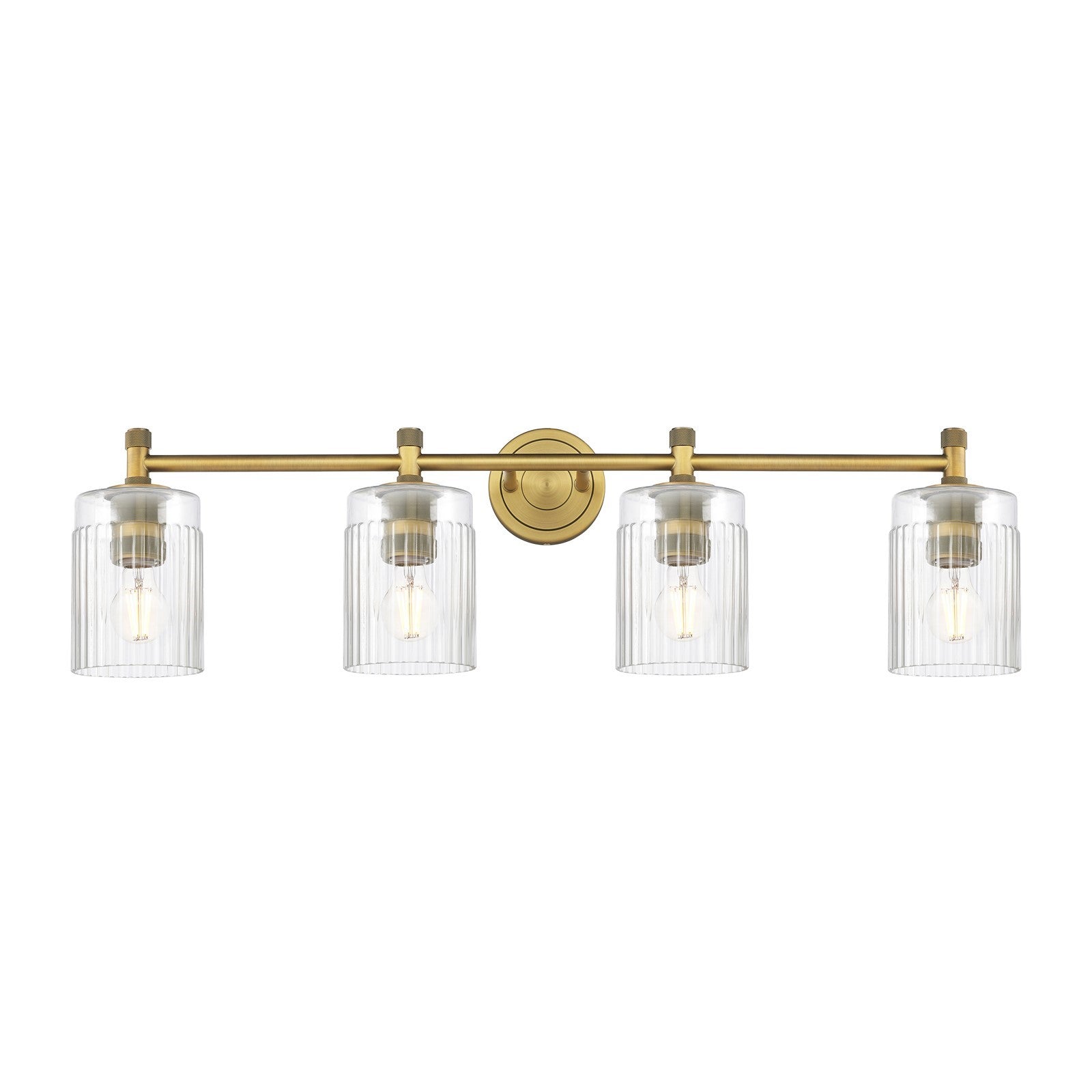 Innovations Hadley 35in 4-Light Bath Vanity Light | Industrial Brushed Brass and Clear Ribbed Glass | Bathroom Vanity | Model 434-4W-BB-G342
