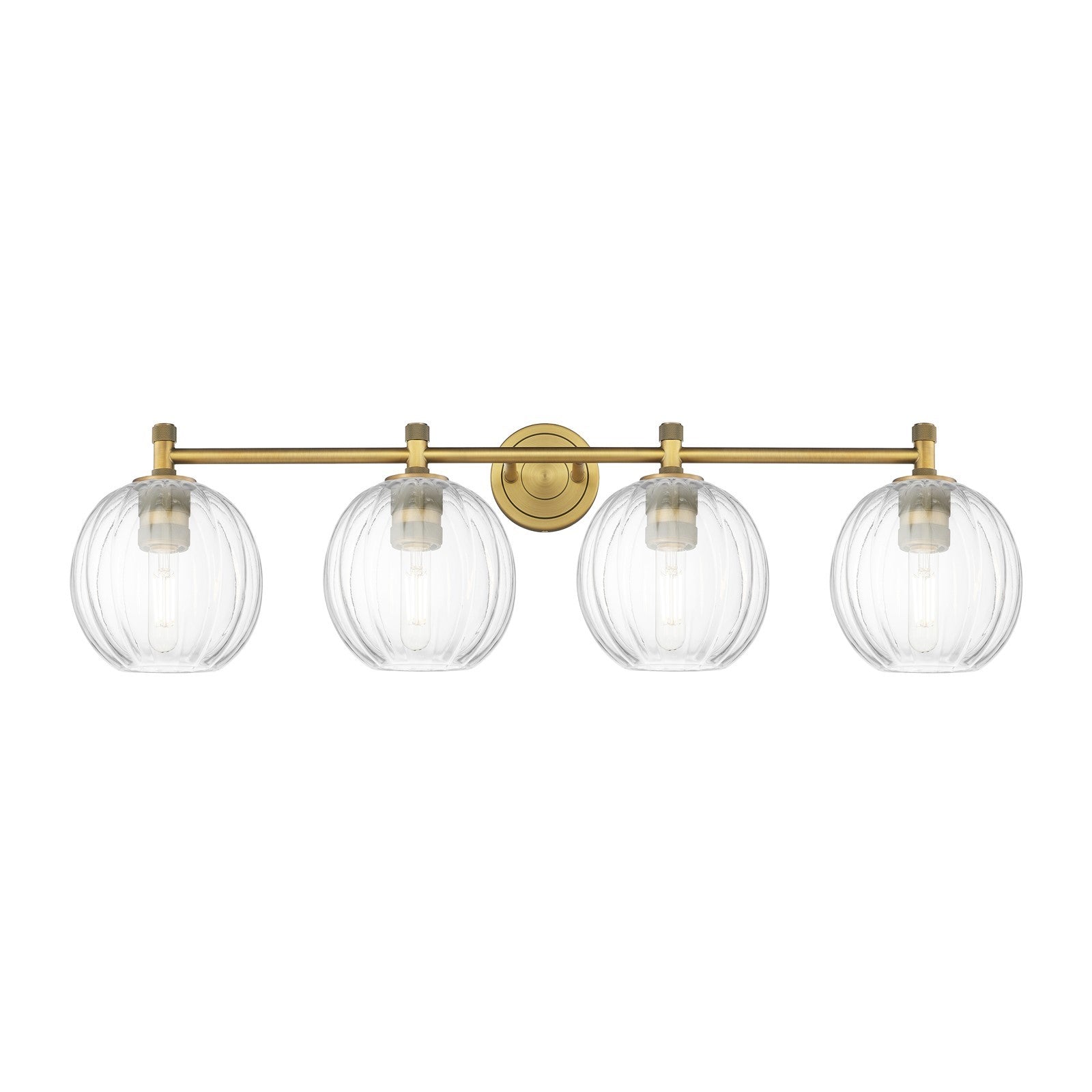 Innovations Preston Globe 38in 4-Light Bath Vanity | Industrial Brushed Brass and Clear Glass | Bathroom Vanity Light | Model 434-4W-BB-G458-7CL