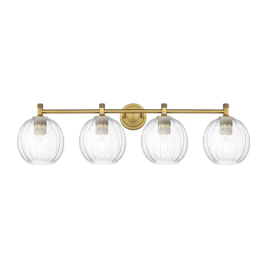 Innovations Preston Globe 38in 4-Light Bath Vanity | Industrial Brushed Brass and Clear Glass | Bathroom Vanity Light | Model 434-4W-BB-G458-7CL