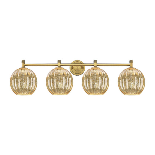 Innovations Preston Globe 38in 4-Light Bath Vanity Light | Industrial Brushed Brass and Mercury Glass | Bathroom Vanity | Model 434-4W-BB-G458-7ME