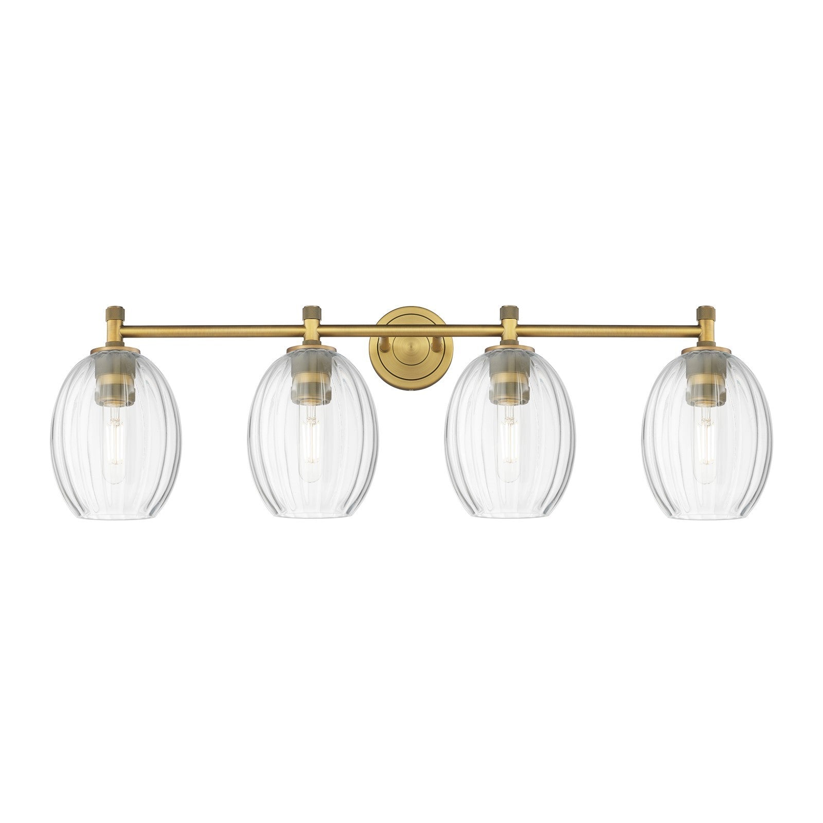 Innovations Preston Bulb 37in 4-Light Bath Vanity Light | Industrial Brushed Brass and Clear Glass | Bathroom Vanity | Model 434-4W-BB-G459-6CL