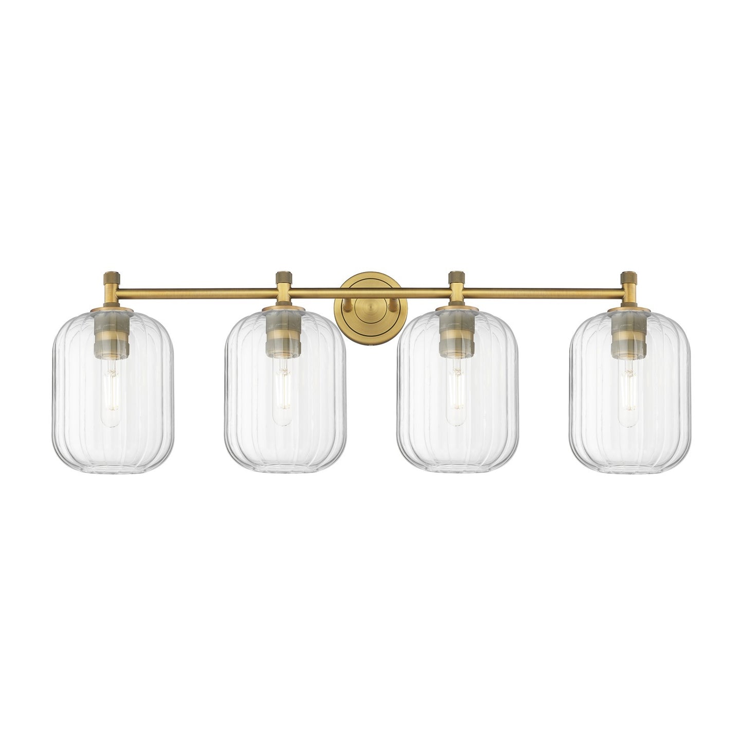 Innovations Preston Cylinder 37in 4-Light Bath Vanity Light | Industrial Brushed Brass and Clear Glass | Bathroom Vanity | Model 434-4W-BB-G460-7CL
