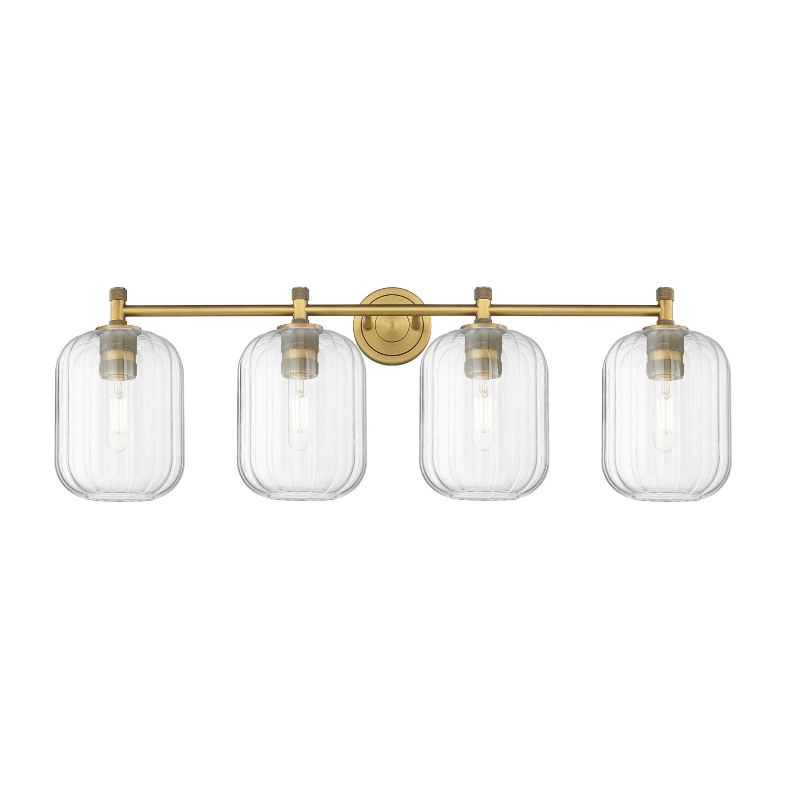 Innovations Preston Cylinder 37in 4-Light Bath Vanity Light | Industrial Brushed Brass and Clear Glass | Bathroom Vanity | Model 434-4W-BB-G460-7CL