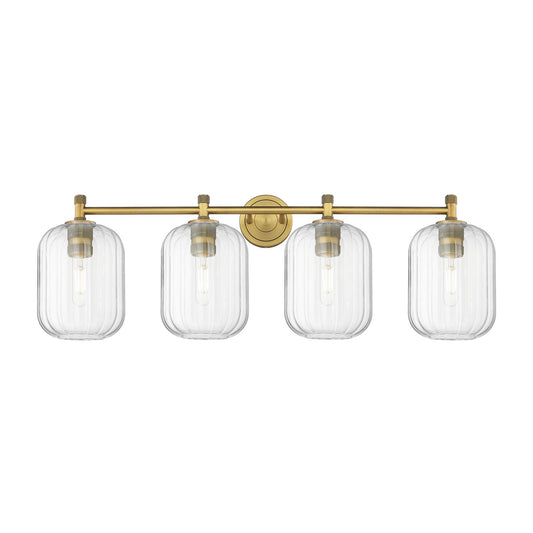 Innovations Preston Cylinder 37in 4-Light Bath Vanity Light | Industrial Brushed Brass and Clear Glass | Bathroom Vanity | Model 434-4W-BB-G460-7CL