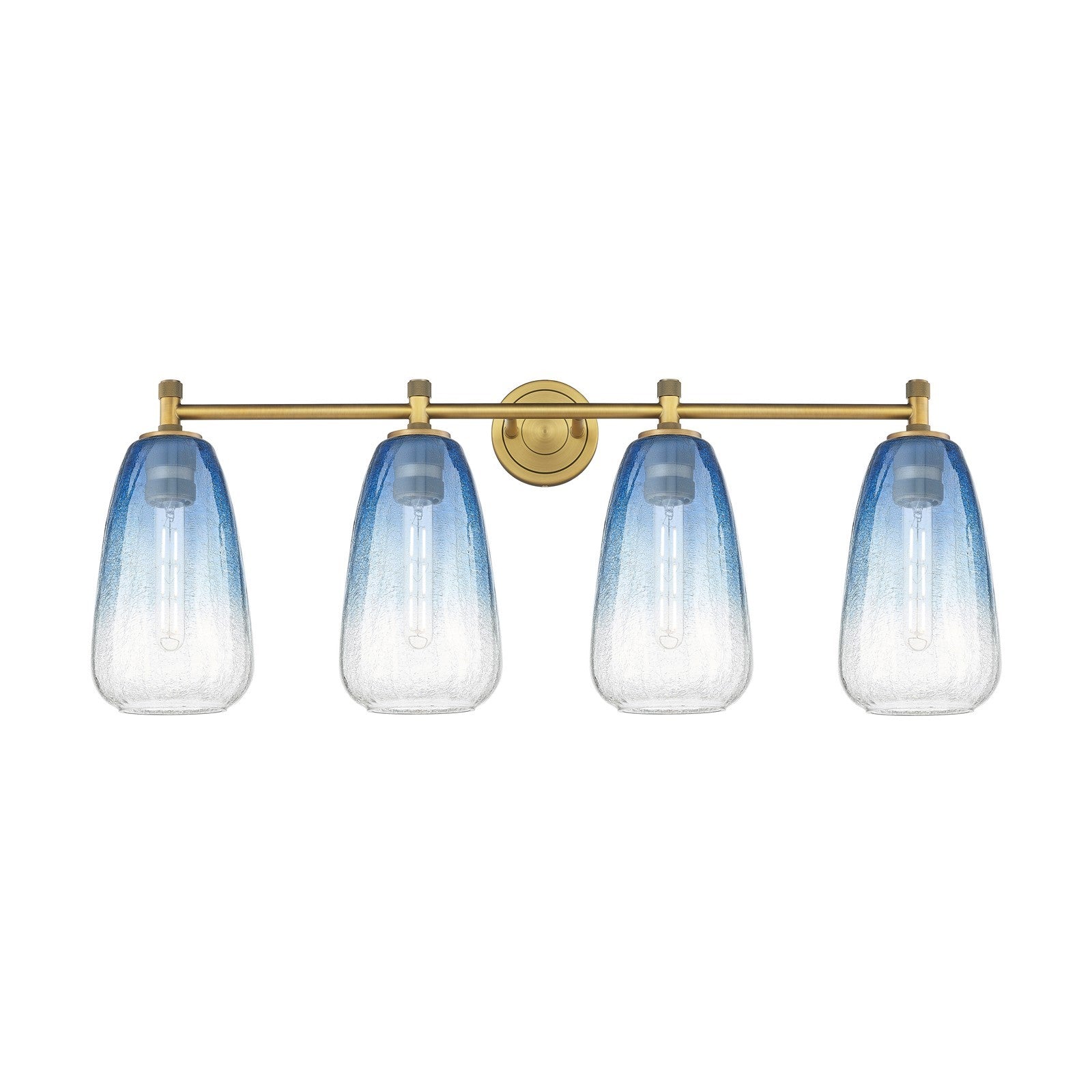 Innovations Brookhaven Almond 37in 4-Light Bath Vanity | Industrial Brushed Brass and Sapphire Blue Glass | Bathroom | Model 434-4W-BB-G480-6SB