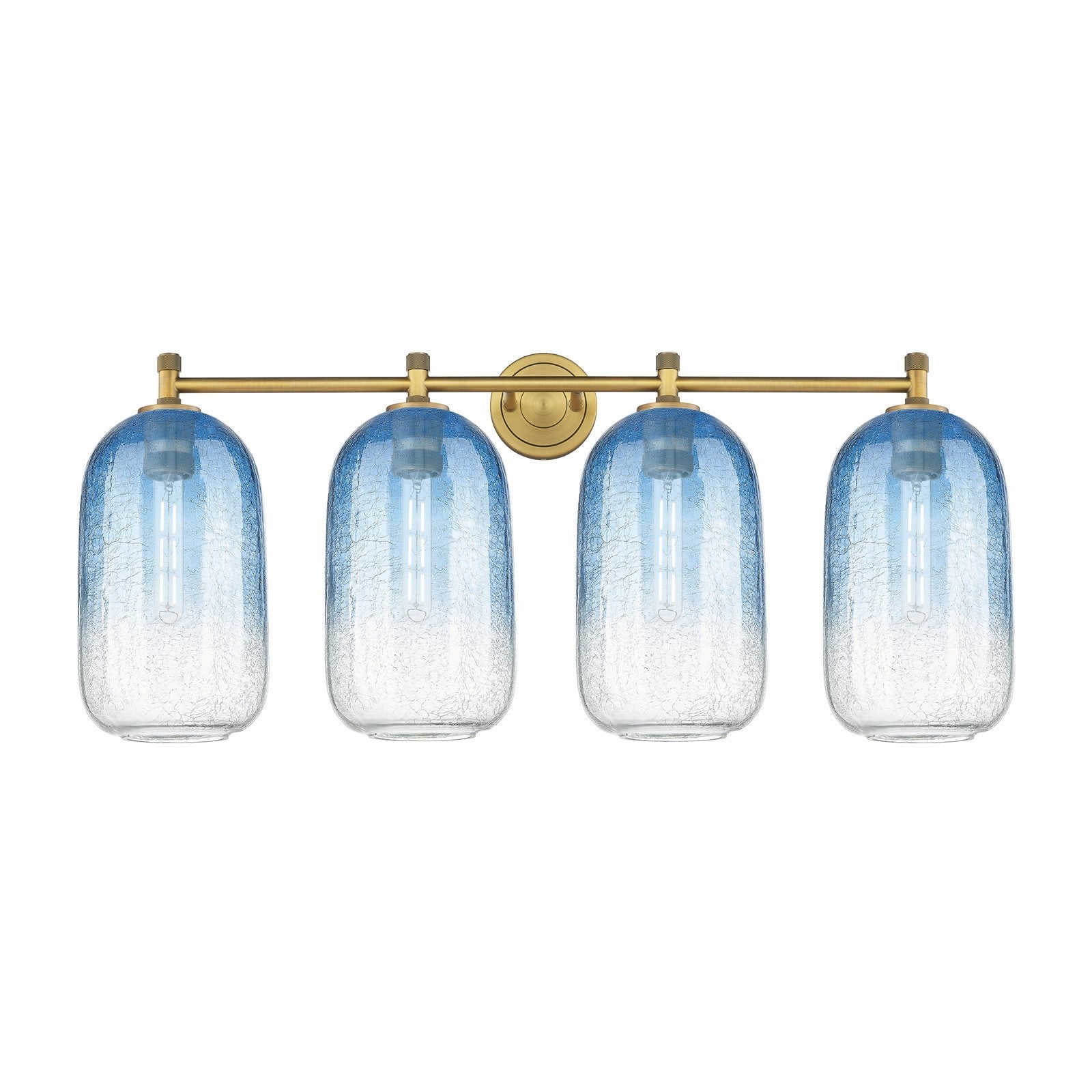 Innovations Brookhaven Cloche 38in 4-Light Bath Vanity Light | Industrial Brushed Brass and Sapphire Blue Glass | Bathroom | Model 434-4W-BB-G482-7SB