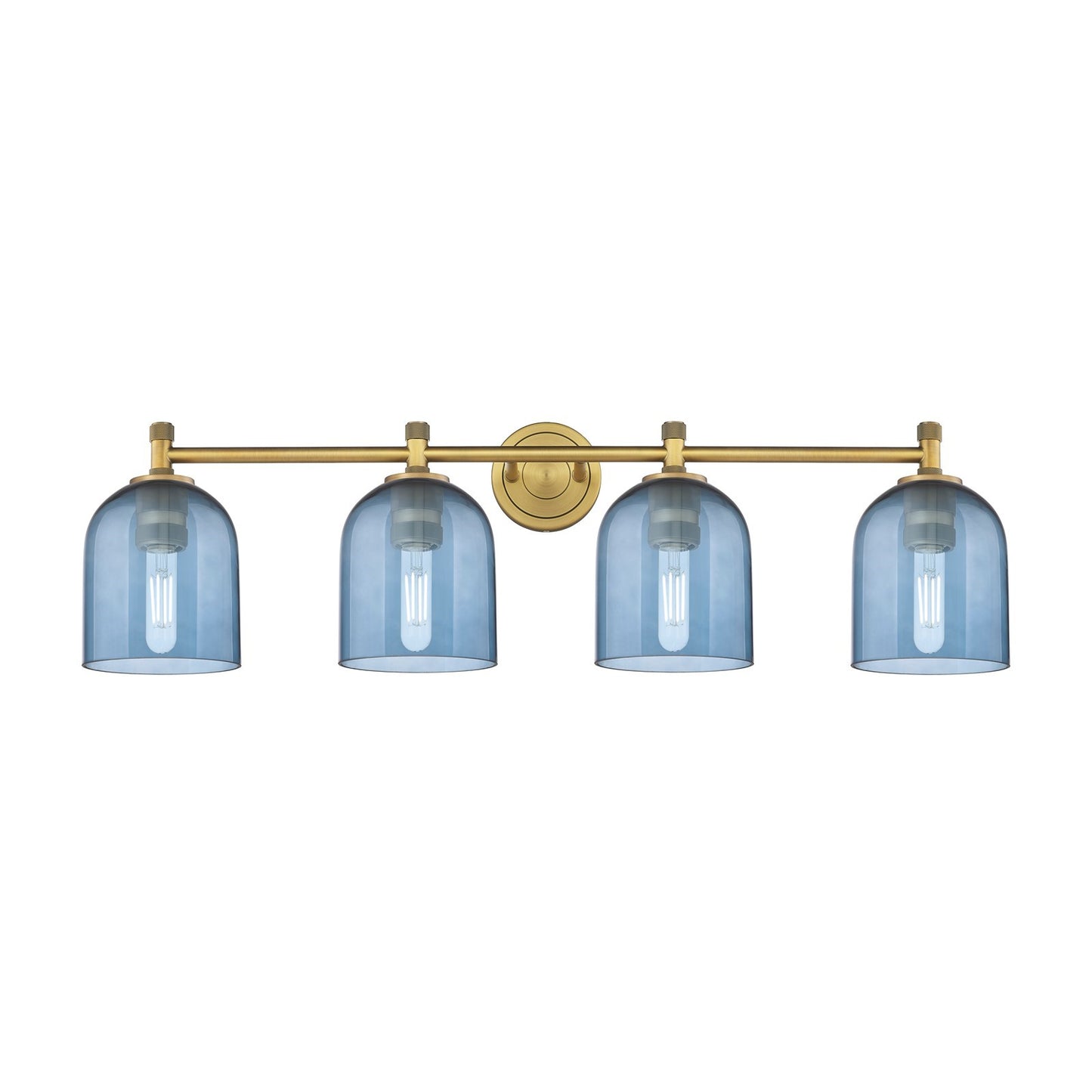 Innovations Bella 36in 4-Light Bath Vanity | Industrial Brushed Brass and Blue Glass | Bathroom & Powder Room | 36 x 10 in | Model 434-4W-BB-G558-6BL