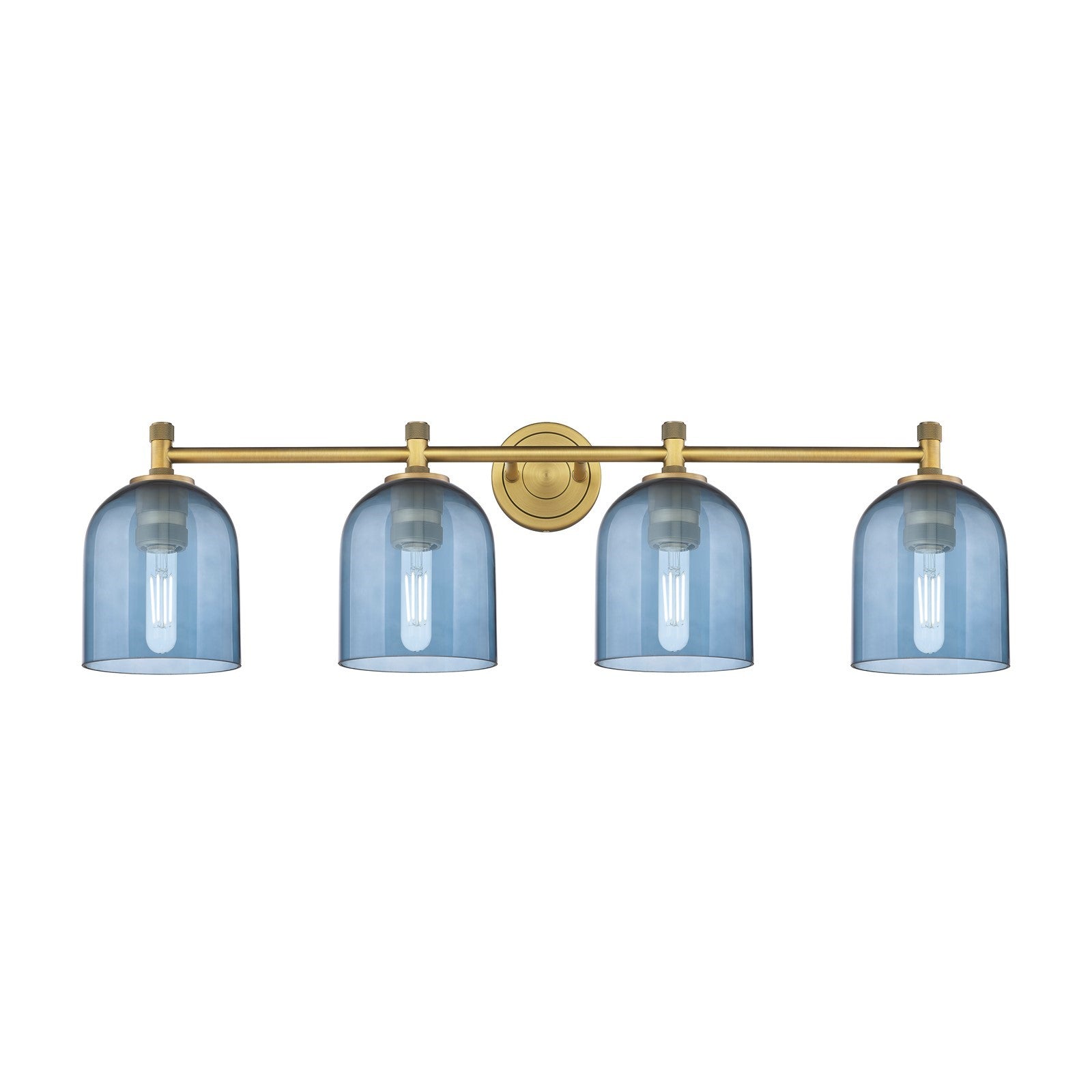 Innovations Bella 36in 4-Light Bath Vanity | Industrial Brushed Brass and Blue Glass | Bathroom & Powder Room | 36 x 10 in | Model 434-4W-BB-G558-6BL