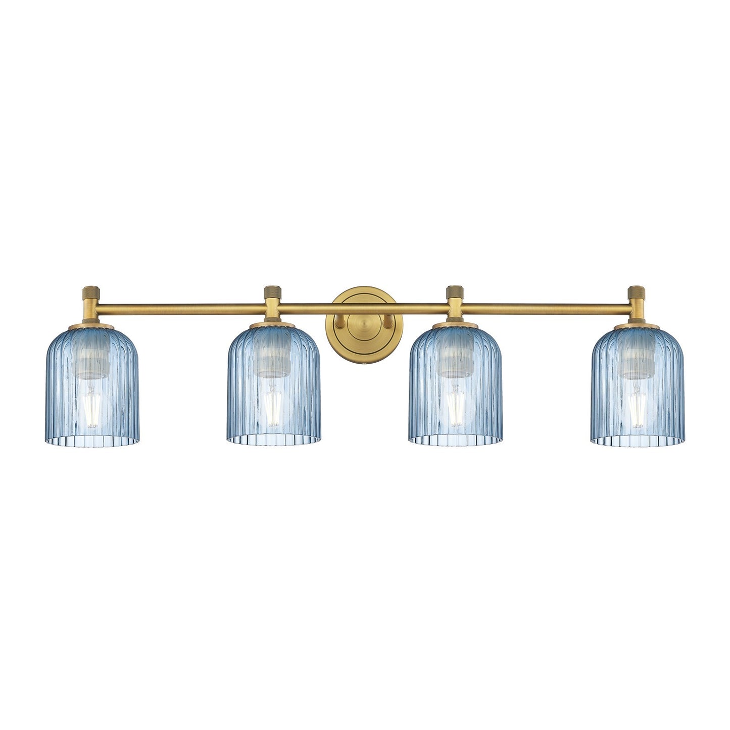 Innovations Crown Point 35in 4-Light Bath Vanity Light | Industrial Brushed Brass and Princess Blue Glass | Bathroom | Model 434-4W-BB-G559-5BL