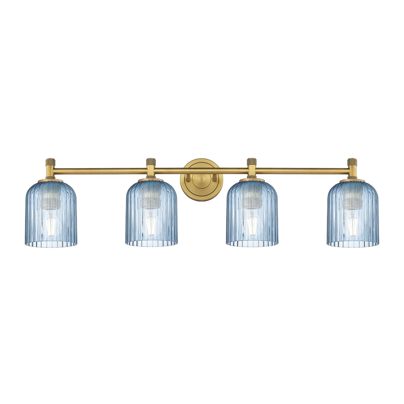 Innovations Crown Point 35in 4-Light Bath Vanity Light | Industrial Brushed Brass and Princess Blue Glass | Bathroom | Model 434-4W-BB-G559-5BL