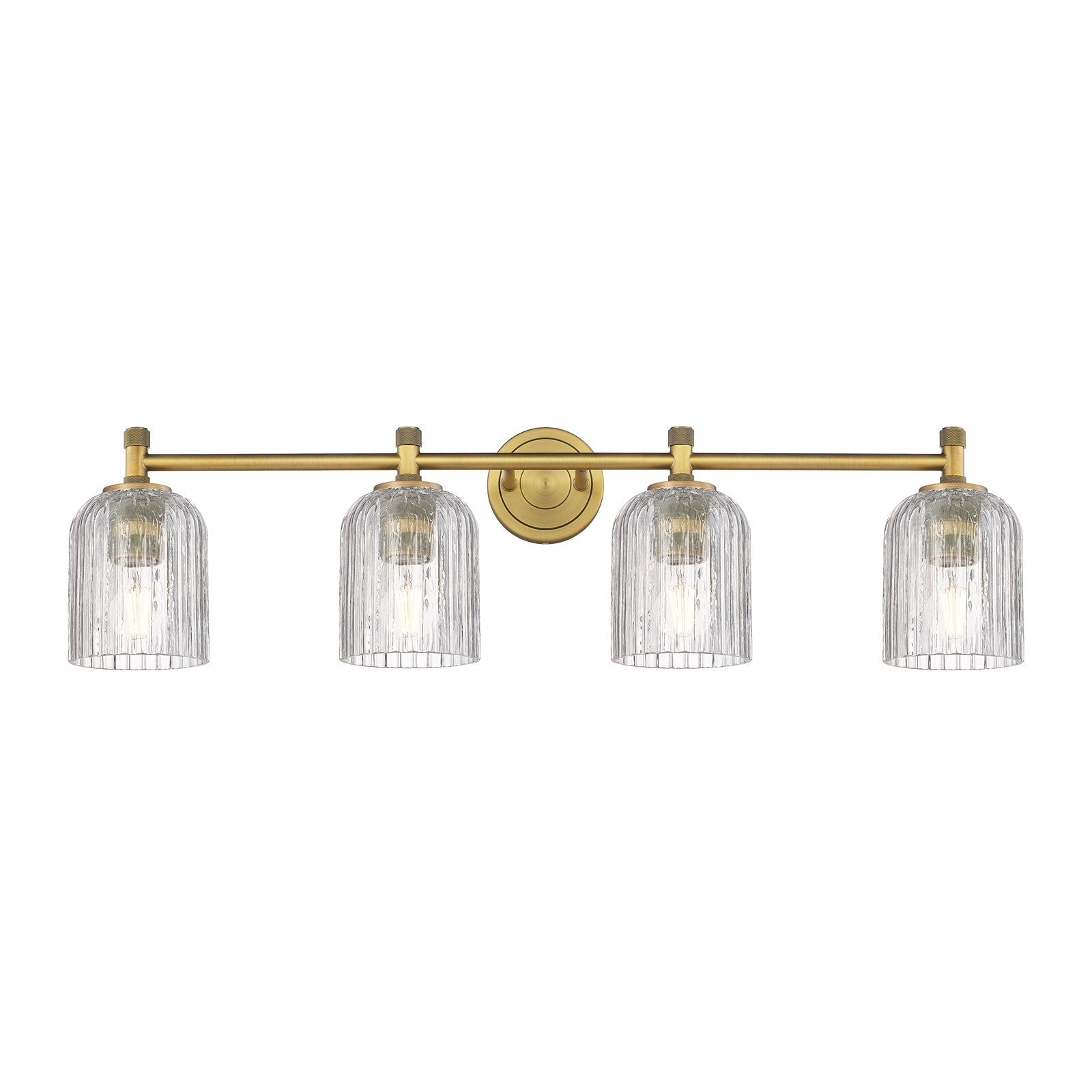 Innovations Crown Point 35in 4-Light Bath Vanity Light | Industrial Brushed Brass and Clear Glass | Bathroom Vanity | Model 434-4W-BB-G559-5CL