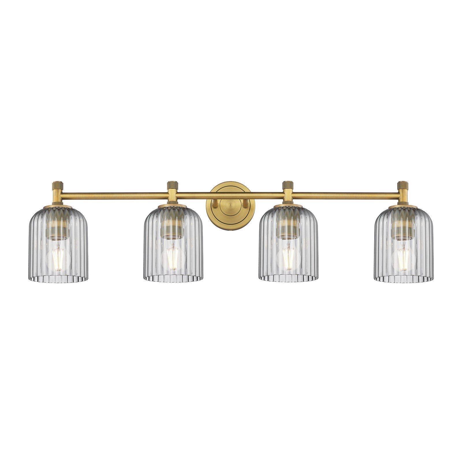Innovations Crown Point 35in 4-Light Bath Vanity | Industrial Brushed Brass and Light Smoke Glass | Bathroom & Powder Room | Model 434-4W-BB-G559-5SM