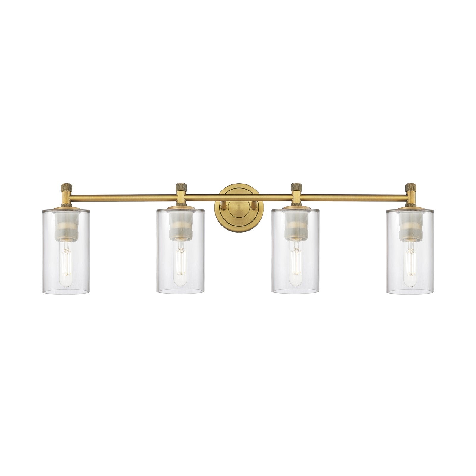 Innovations Clymer 34.38in 4-Light Bath Vanity Light | Industrial Brushed Brass and Clear Glass | Bathroom Vanity | Model 434-4W-BB-G802