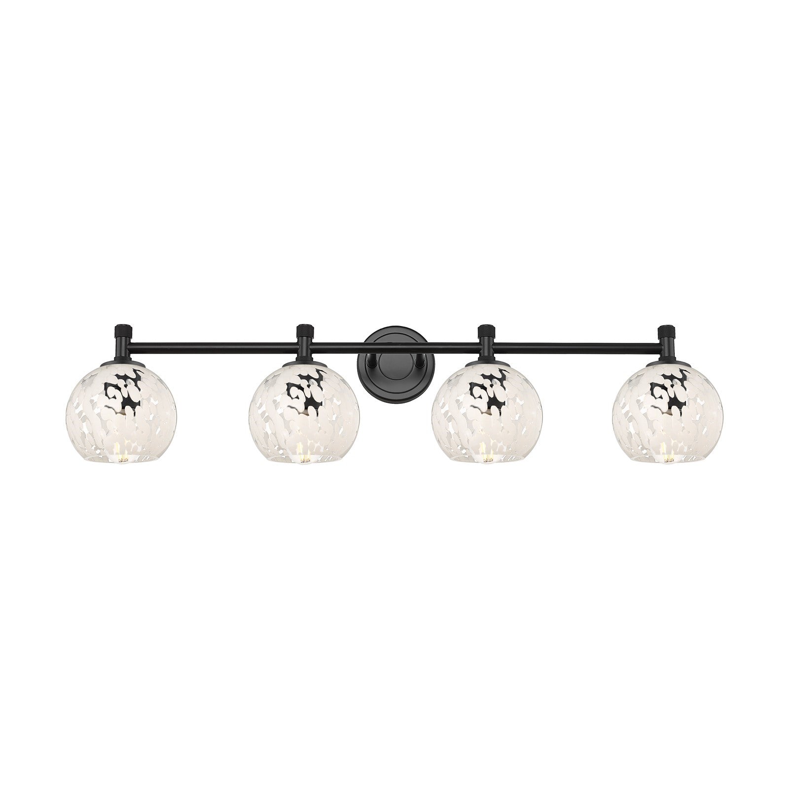 Innovations White Mouchette 36.5in 4-Light Bath Vanity Light | Industrial Matte Black and White Mouchette Glass | Model 434-4W-BK-G1216-6WM