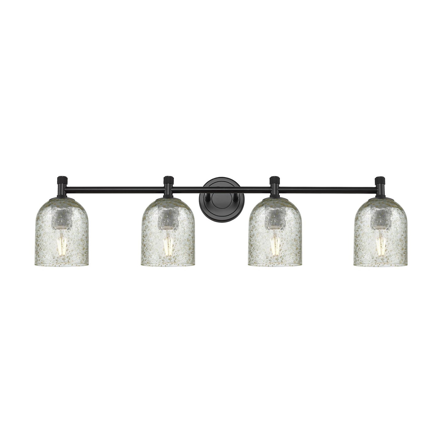 Innovations Caledonia 35.5in 4-Light Bath Vanity Light | Industrial Matte Black and Mica Glass | Bathroom & Powder Room | Model 434-4W-BK-G259