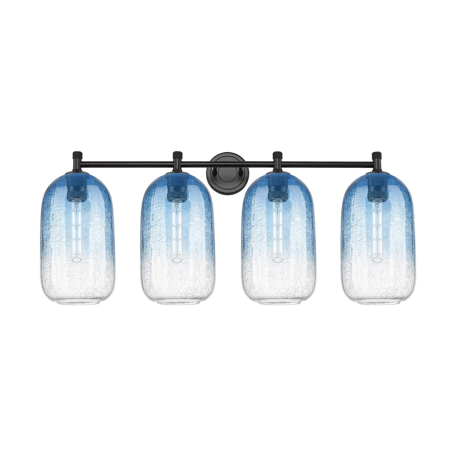 Innovations Brookhaven Cloche 37in 4-Light Bath Vanity | Industrial Matte Black and Sapphire Blue Glass | Bathroom | Model 434-4W-BK-G482-7SB