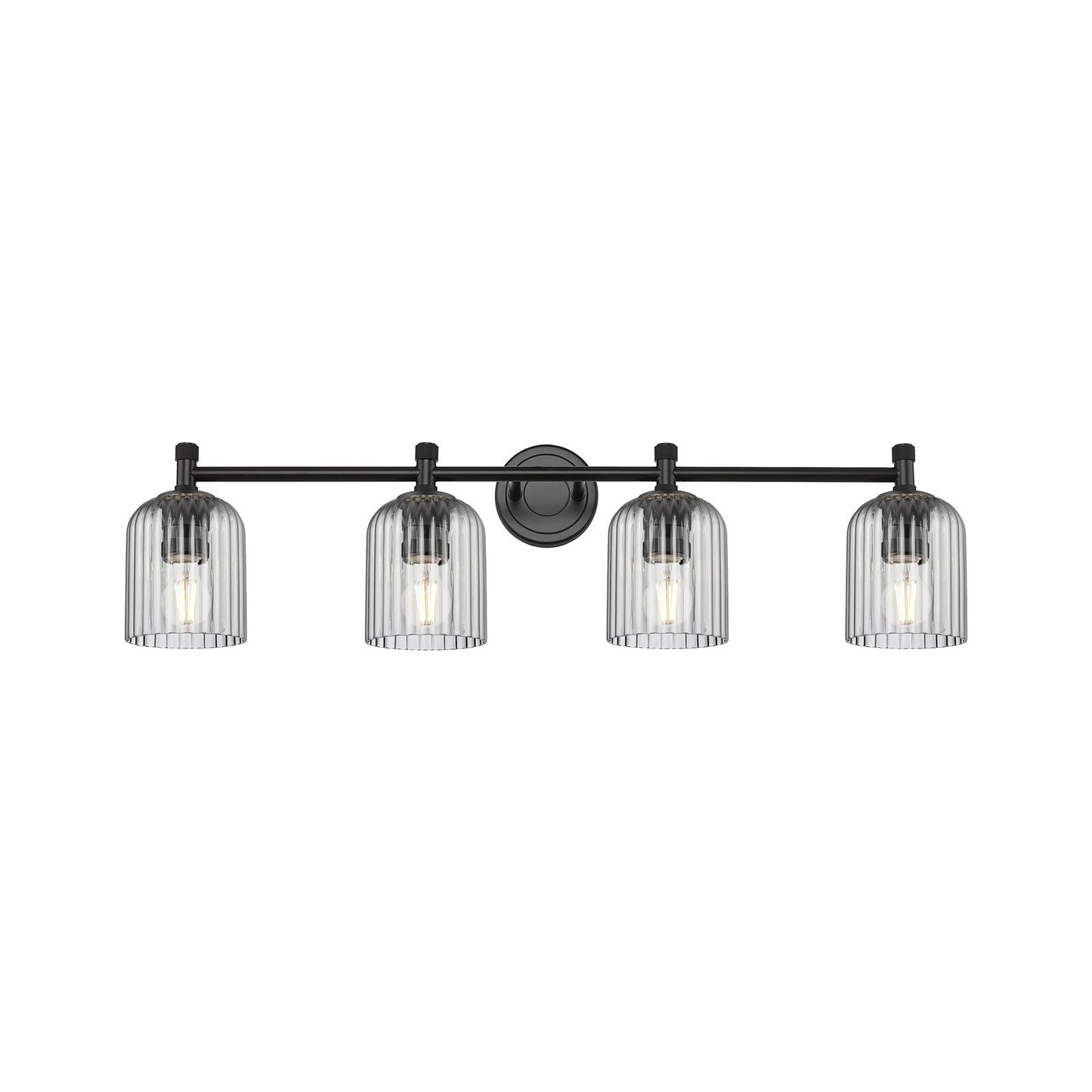 Innovations Crown Point 35.5in 4-Light Bath Vanity | Industrial Matte Black and Light Smoke Glass | Bathroom Vanity Light | Model 434-4W-BK-G559-5SM