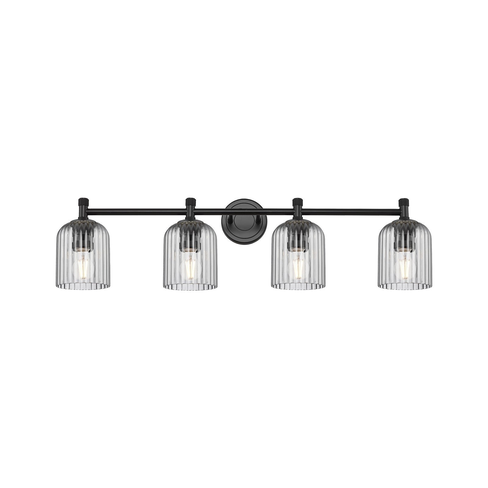 Innovations Crown Point 35.5in 4-Light Bath Vanity | Industrial Matte Black and Light Smoke Glass | Bathroom Vanity Light | Model 434-4W-BK-G559-5SM
