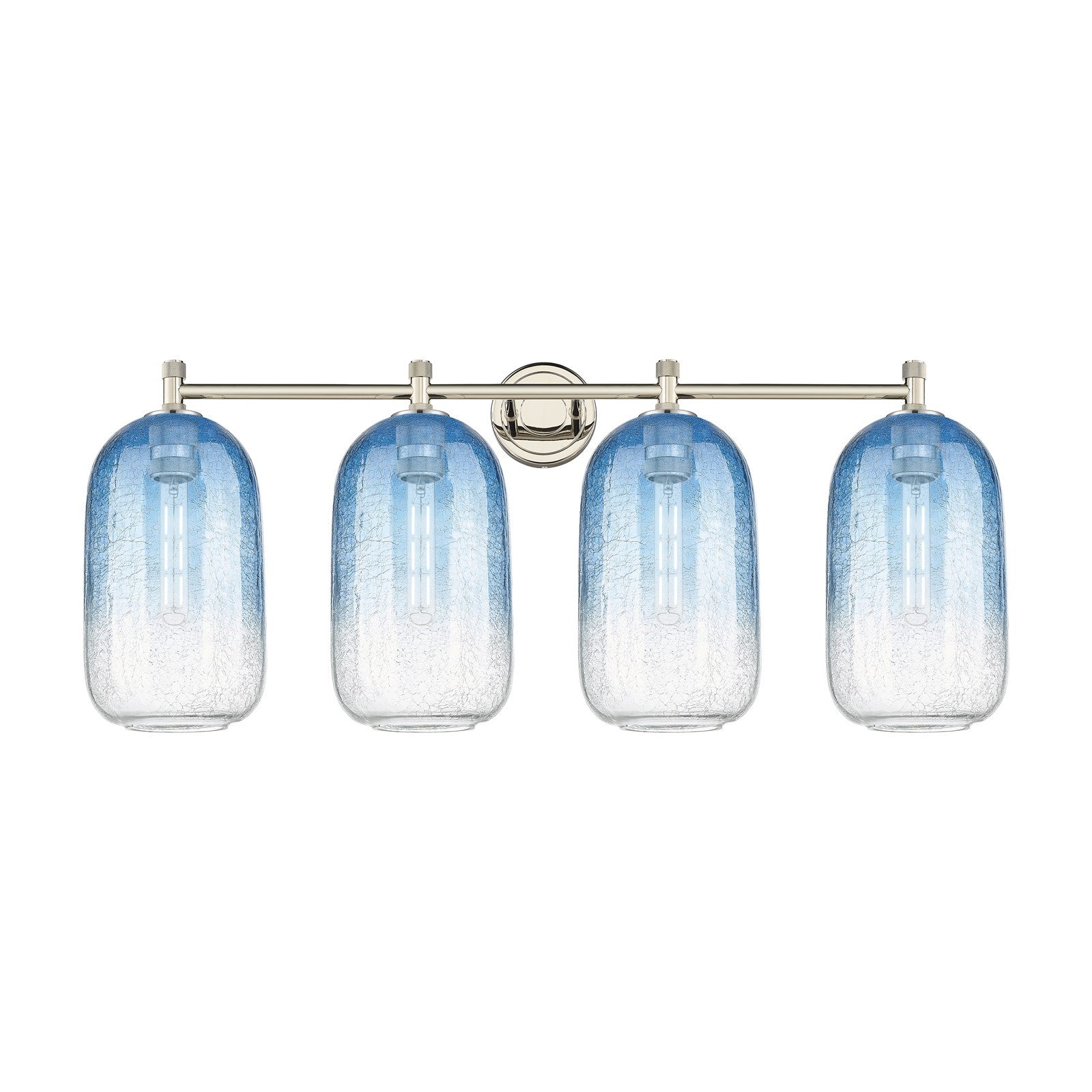 Innovations Brookhaven Cloche 37.5in 4-Light Bath Vanity Light | Industrial Polished Nickel and Sapphire Blue Glass | Model 434-4W-PN-G482-7SB