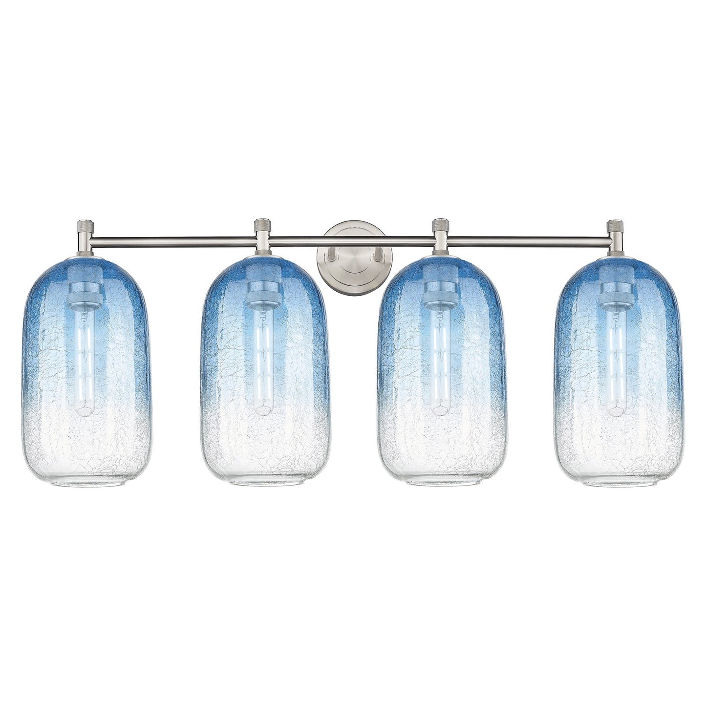 Innovations Brookhaven Cloche 38in 4-Light Bath Vanity | Industrial Satin Nickel and Sapphire Blue Glass | Bathroom Vanity | Model 434-4W-SN-G482-7SB