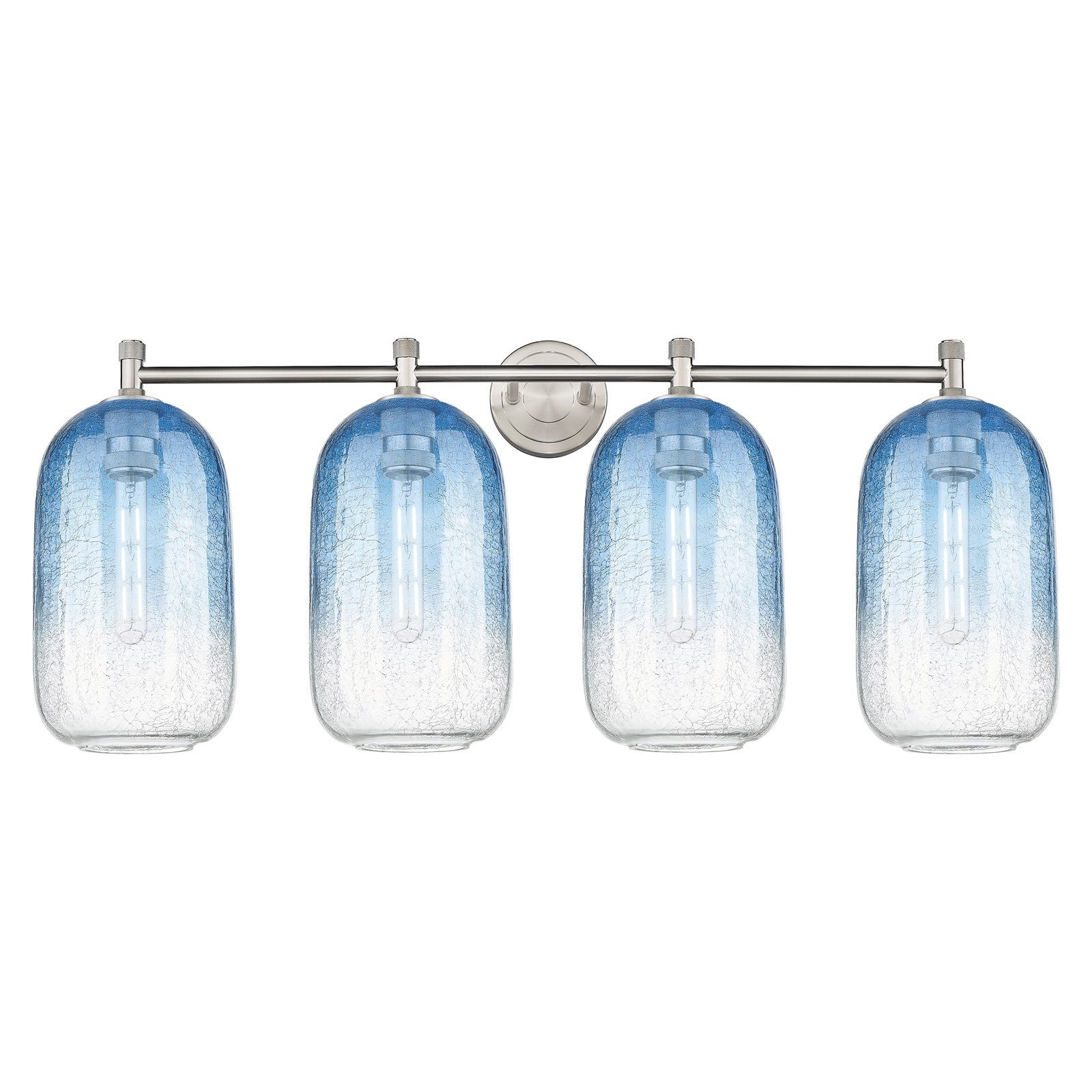 Innovations Brookhaven Cloche 38in 4-Light Bath Vanity | Industrial Satin Nickel and Sapphire Blue Glass | Bathroom Vanity | Model 434-4W-SN-G482-7SB