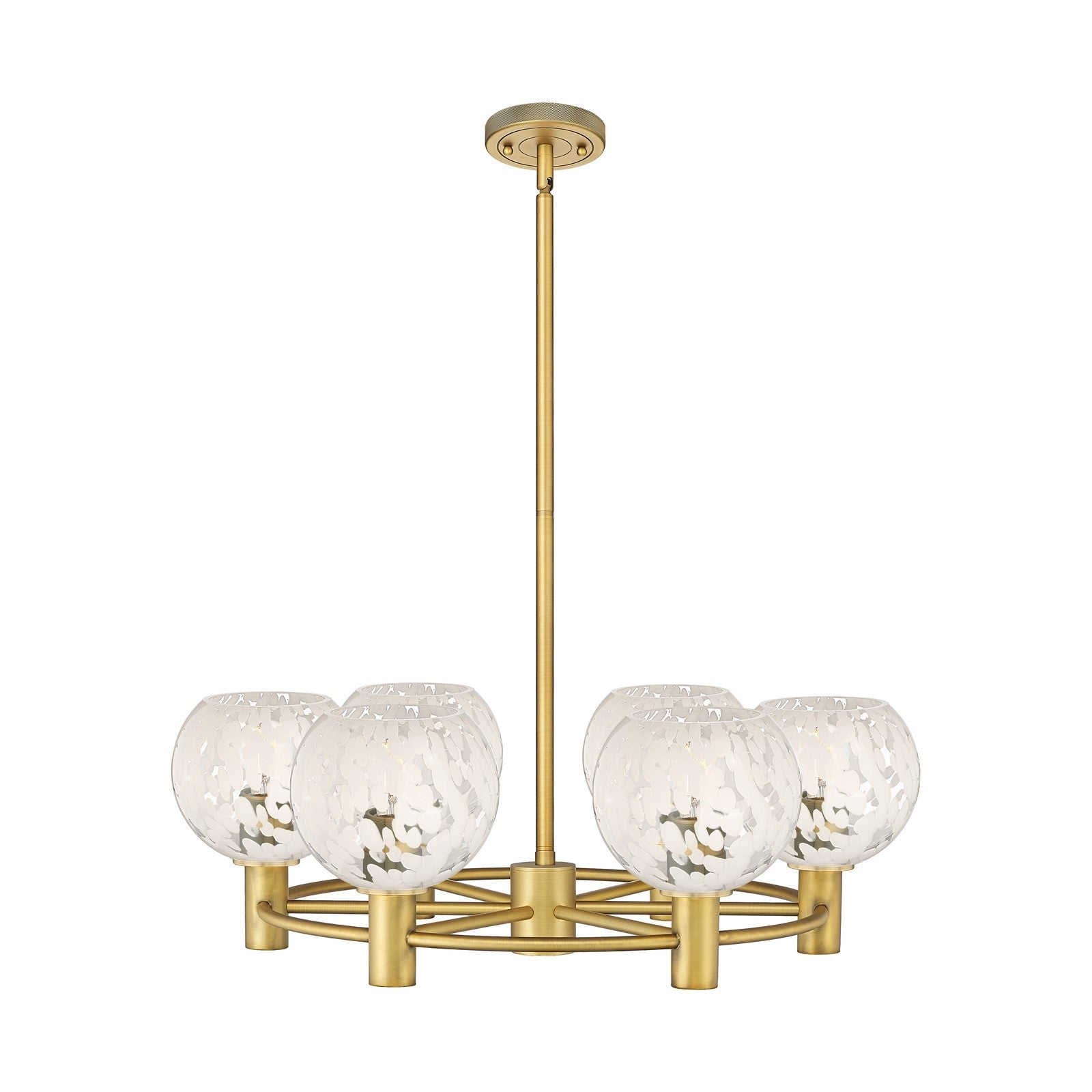 Innovations White Mouchette 26in 6-Light Chandelier | Industrial Brushed Brass and White Mouchette Glass | Kitchen | Model 434-6CR-BB-G1216-6WM