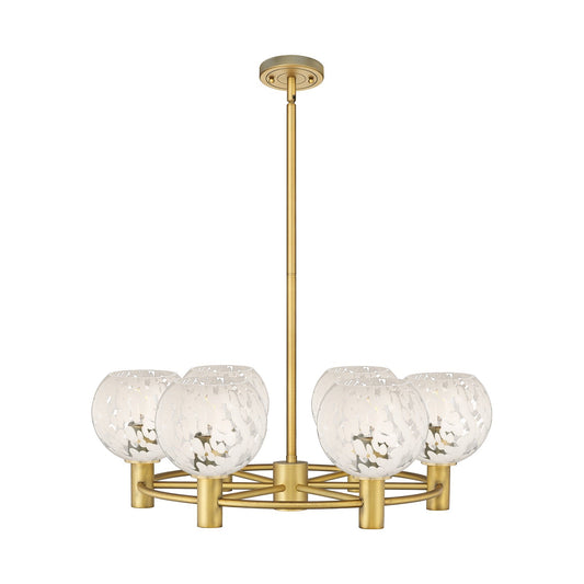 Innovations White Mouchette 26in 6-Light Chandelier | Industrial Brushed Brass and White Mouchette Glass | Kitchen | Model 434-6CR-BB-G1216-6WM