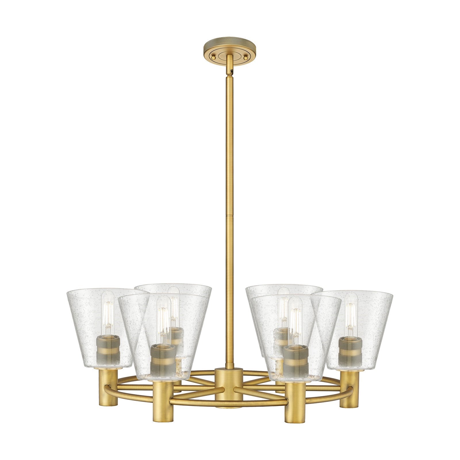 Innovations Caton 26in 6-Light Chandelier | Industrial Brushed Brass and Frosted Glass | Kitchen Island & Dining Room | Model 434-6CR-BB-G454