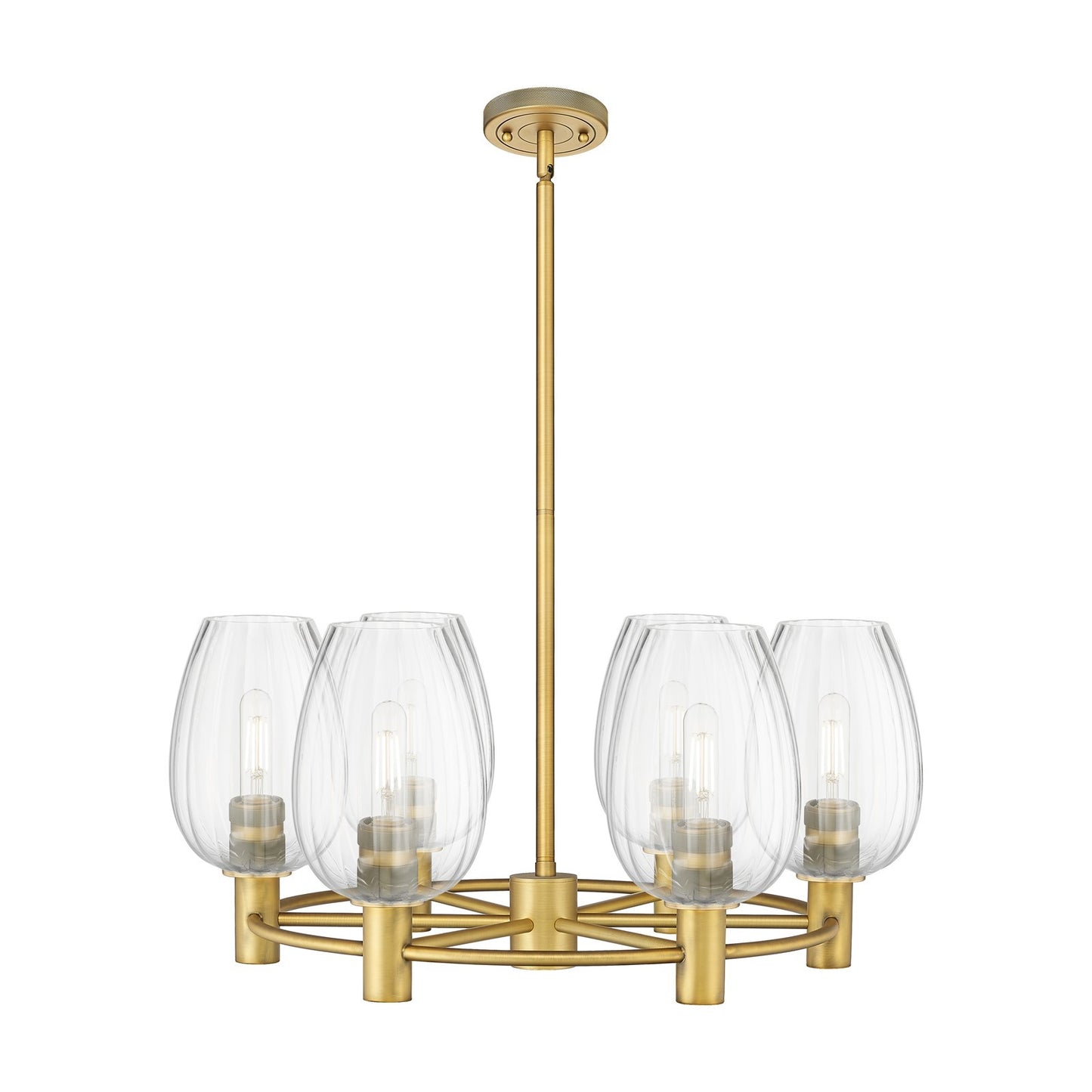 Innovations Preston Flute 26in 6-Light Chandelier | Industrial Brushed Brass and Clear Glass | Kitchen Island & Dining | Model 434-6CR-BB-G457-6CL