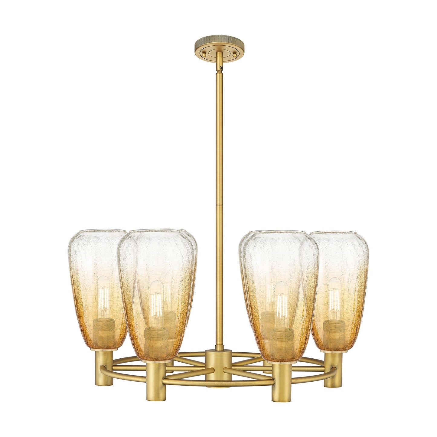 Innovations Brookhaven Almond 26in 6-Light Chandelier | Industrial Brushed Brass and Amber Glass | Dining Room & Kitchen | Model 434-6CR-BB-G480-6AM