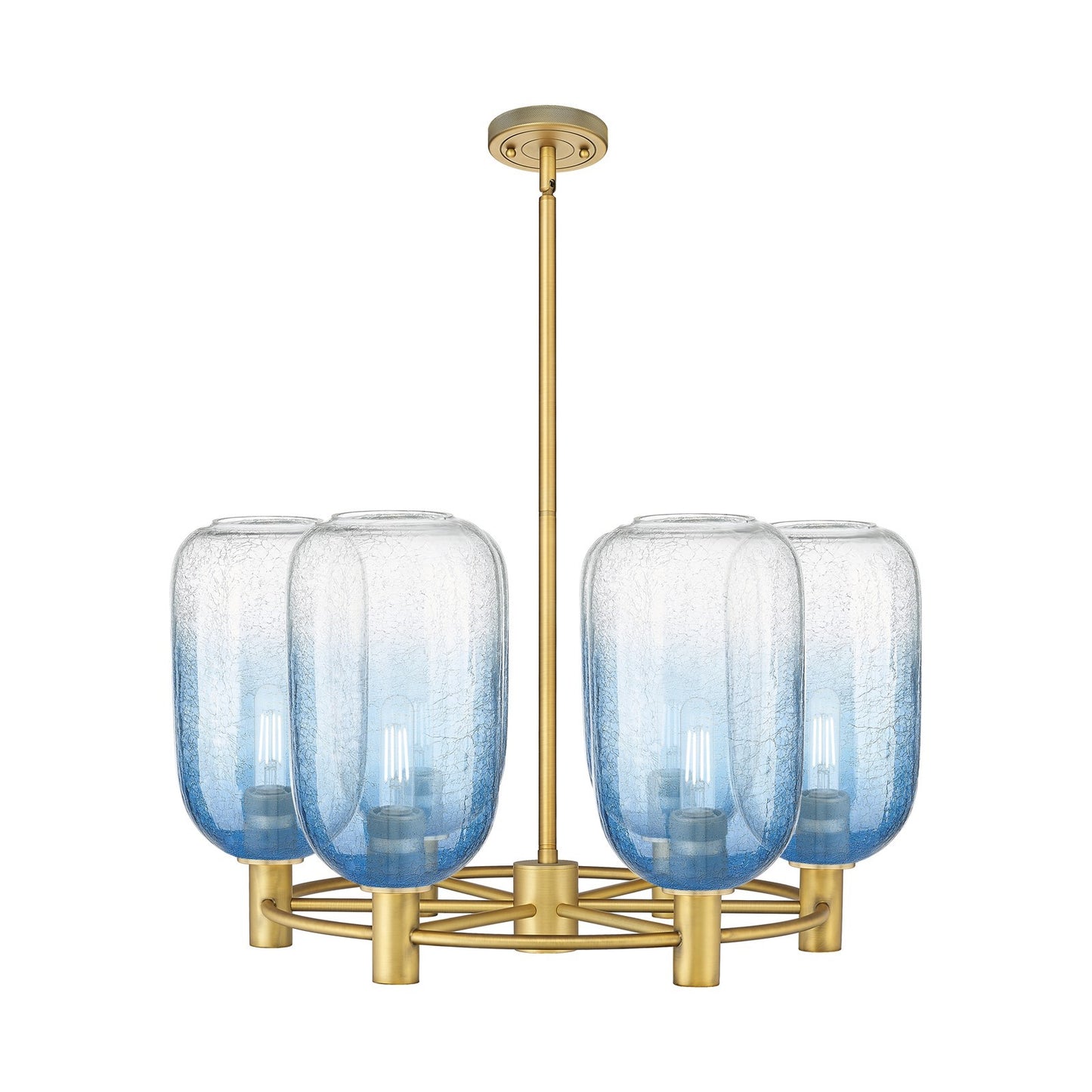 Innovations Brookhaven Cloche 27in 6-Light Chandelier | Industrial Brushed Brass and Sapphire Blue Glass | Kitchen Island | Model 434-6CR-BB-G482-7SB