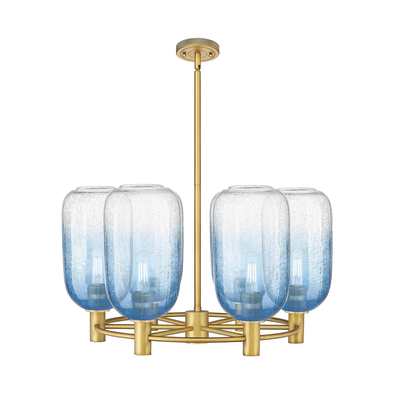 Innovations Brookhaven Cloche 27in 6-Light Chandelier | Industrial Brushed Brass and Sapphire Blue Glass | Kitchen Island | Model 434-6CR-BB-G482-7SB