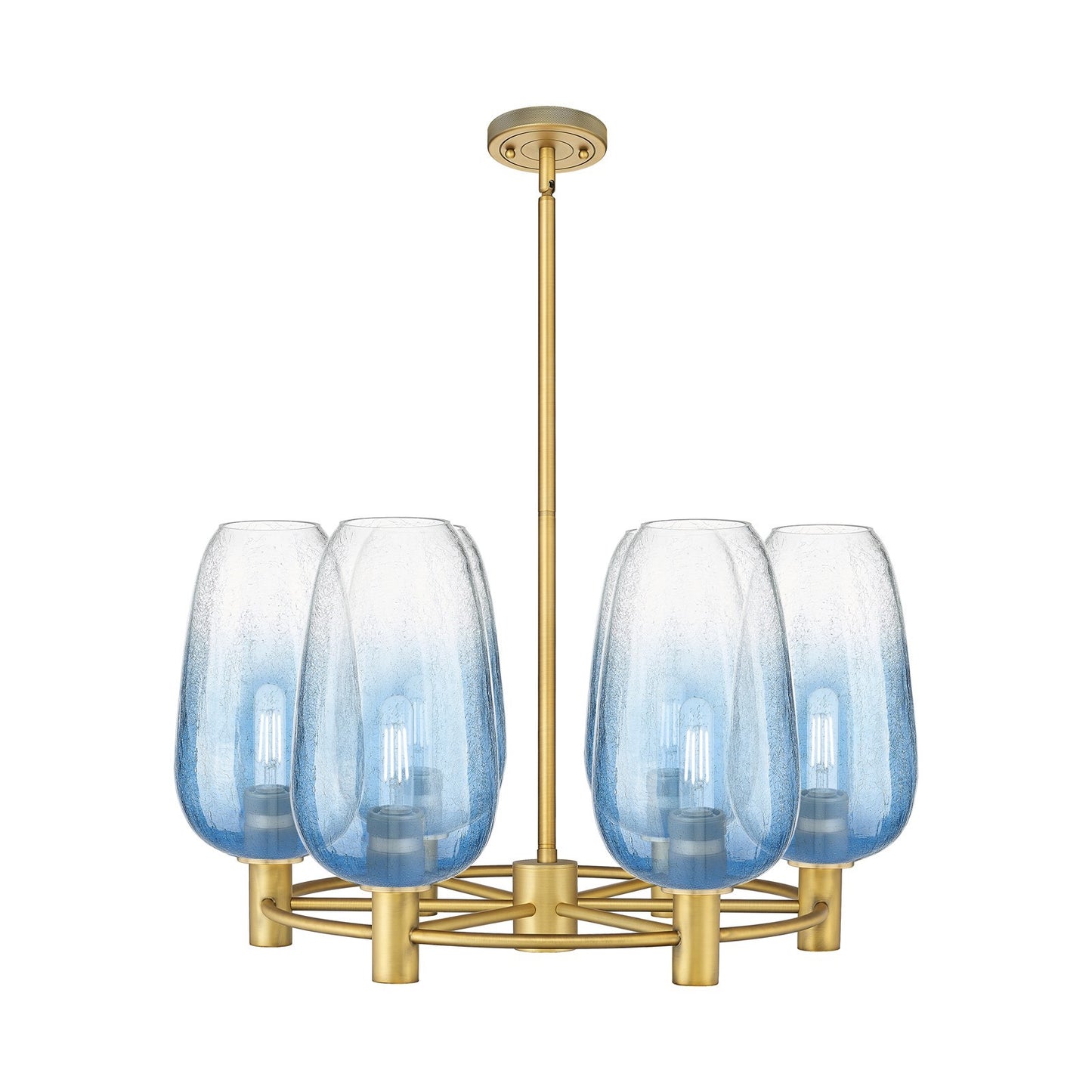 Innovations Brookhaven Flute 27in 6-Light Chandelier | Industrial Brushed Brass and Sapphire Blue Glass | Kitchen Island | Model 434-6CR-BB-G484-7SB